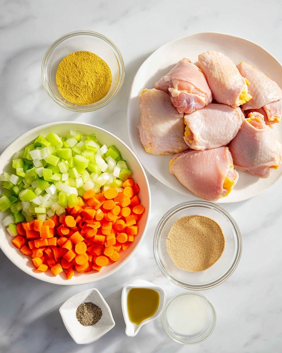 The image shows a top view of raw ingredients on a white marbled surface arranged neatly in a group. On the right, there is a white plate holding six pieces of raw pink chicken thighs with some yellowish fat visible. On the left, a white bowl is filled with three types of chopped vegetables: bright green celery, white onion, and bright orange carrots, all cut into small pieces and layered side by side inside the bowl. In front of these, there are three small clear glass bowls and a small white square dish. The first glass bowl contains yellow powdered seasoning, the second has a light brown powder, the third a light amber liquid in a white ramekin. The small white dish holds three types of dry seasonings: black pepper, white salt, and a golden-yellow powder, all positioned side by side. The lighting is bright and natural. photo taken with an iphone --ar 4:5 --v 7