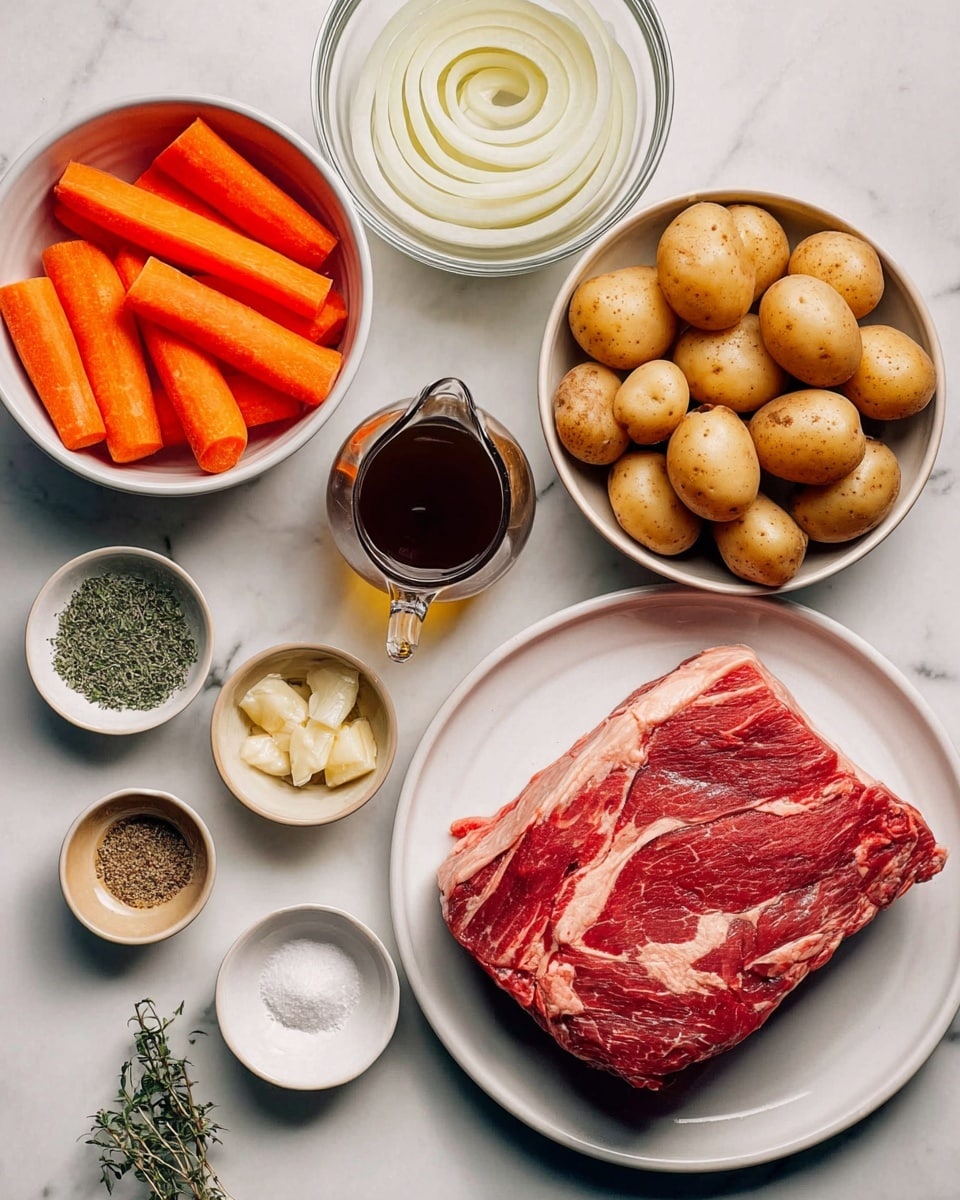 A white plate holds a large piece of raw marbled red meat with white fat streaks on the bottom right. To the top right, a white bowl is filled with many small, round, light brown potatoes. Above the meat, there is a glass bowl with multiple thick white onion rings stacked inside. To the left of the onion rings, a white bowl contains bright orange carrot sticks. Around these main bowls and plate, there are several small white and beige dishes holding minced garlic, white salt, black pepper, mixed herbs, and a small clear glass jug filled with dark brown liquid. The whole scene is set on a white marbled surface. Photo taken with an iphone --ar 4:5 --v 7