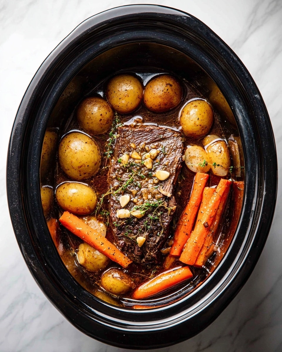 A slow cooker filled with one large, browned meat piece in the center, topped with small bits of garlic and herbs, surrounded by whole light brown potatoes and long orange carrot sticks. The dish is covered in a dark, rich broth that slightly reflects light. The slow cooker is black and has a glossy finish, set on a white marbled surface. photo taken with an iphone --ar 4:5 --v 7