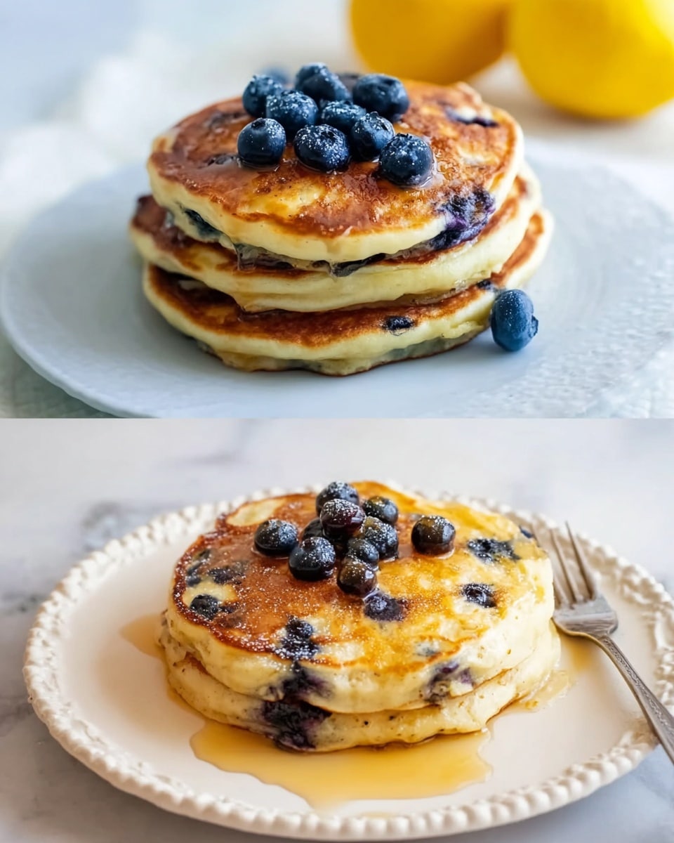 The image shows a stack of four thick golden brown blueberry pancakes on a white decorative plate. The pancakes have a slightly uneven round shape, with some blueberries visible inside and on top, adding spots of dark blue color. The top pancake has extra fresh blueberries scattered over it, with a little syrup pooling around the base of the stack. To the right of the plate is a silver fork resting on the plate's edge. The background has a soft, white marbled texture with a bright yellow lemon slightly blurred in the back top left. Photo taken with an iphone --ar 4:5 --v 7