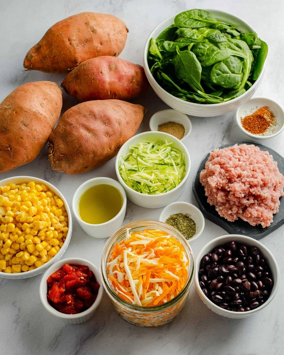 The image shows a collection of fresh ingredients arranged on a white marbled surface. There are four whole sweet potatoes with a rough orange skin, a small mound of raw ground meat with a light pink color placed on a black base, and several small white bowls filled with different items: bright yellow corn kernels, finely shredded light green zucchini, fresh dark green spinach leaves, black beans, and diced red tomatoes in a clear glass jar. There are also three smaller white ramekins containing olive oil, a light brown spice mix, and a mix of red, green, and white spices. Finally, a white bowl holds shredded yellow and orange cheese. Photo taken with an iphone --ar 4:5 --v 7