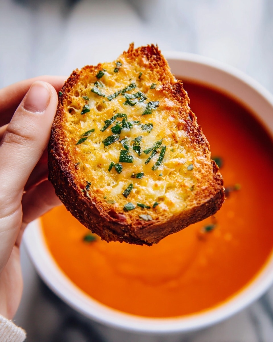 A close-up shows a woman's hand holding a toasted piece of bread with a golden-brown top sprinkled with green herbs, positioned above a bowl of smooth, bright orange tomato soup. The soup fills a white bowl, sitting on a white marbled surface. The bread has a crunchy texture with small bits of herbs visible across the top, contrasting with the creamy, uniform soup below. photo taken with an iphone --ar 4:5 --v 7