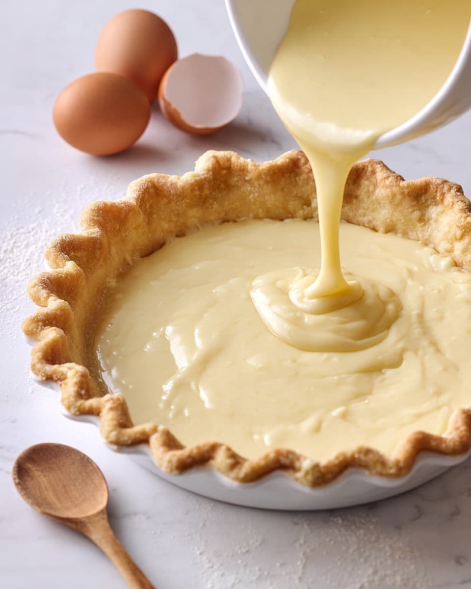 A white pie crust with a golden-brown crimped edge sits on a white marbled surface. Inside the crust, a creamy pale yellow custard filling is being poured from a white bowl into the crust. The custard has a smooth and slightly thick texture, catching the light softly. Two brown eggs and a wooden spoon are placed nearby on the white marbled surface, adding to the baking scene. Photo taken with an iphone --ar 4:5 --v 7