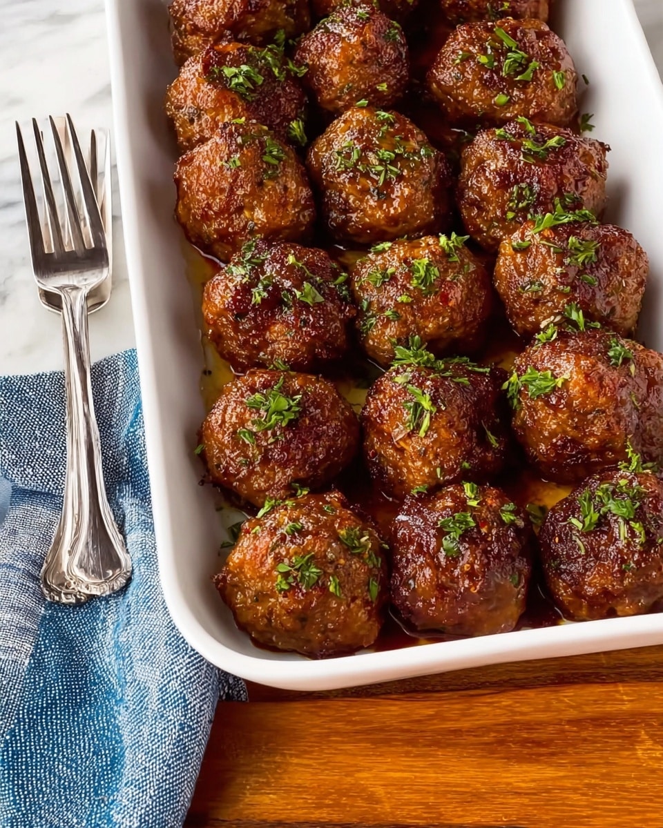 The image shows a white rectangular dish filled with two rows of brown, round meatballs, each sprinkled with chopped green herbs on top. The meatballs have a textured surface that looks cooked and slightly shiny with a glaze. There are two small silver forks placed at the bottom left corner of the dish, resting on a wooden table next to a blue and white striped cloth. The background is a white marbled texture. photo taken with an iphone --ar 4:5 --v 7