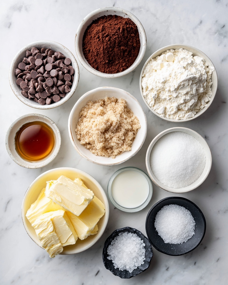 The image shows nine small white bowls arranged on a white marbled surface, each filled with a different baking ingredient. Starting from the top left, the first bowl holds small, round chocolate chips in a dark brown color. Next to it is a bowl filled with fine, dark brown cocoa powder. To the right is a bowl with a light, fluffy pile of white flour. Below the flour is a bowl filled with light brown, grainy brown sugar. In the center, there is a bowl with bright white granulated sugar. Below that, a large bowl contains soft, creamy pale yellow butter. To the left of the butter is a small bowl with dark amber vanilla extract. Below the vanilla is a small bowl filled with white milk. Lastly, on the bottom right, a small black bowl holds coarse salt granules. All bowls are neatly placed in a flat lay style. photo taken with an iphone --ar 4:5 --v 7