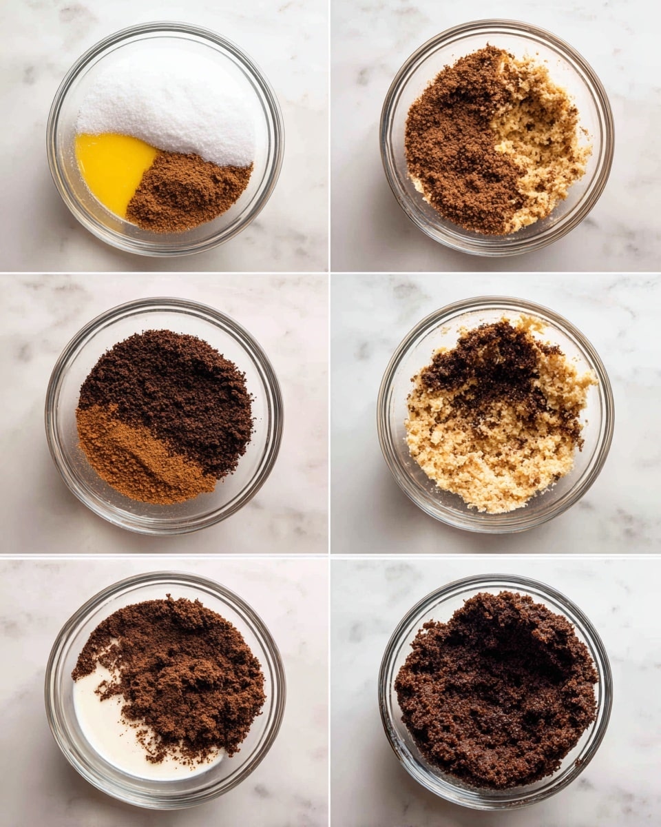 A set of six images shows the process of mixing cookie dough in a clear glass bowl on a white marbled surface. The top left shows three layers: white sugar, melted butter (yellowish), and brown sugar; the top right shows a light brown crumbly mixture after mixing. The middle left image displays a layer of dry cocoa powder mixed into the dough, making the mixture darker with a rough texture. The middle right image shows the dough becoming darker and more crumbly. The bottom left image adds a small amount of white milk, visible in the middle of the dark crumbs. The bottom right image reveals a thick, dark brown dough clumped together, ready for the next baking step. Photo taken with an iphone --ar 4:5 --v 7