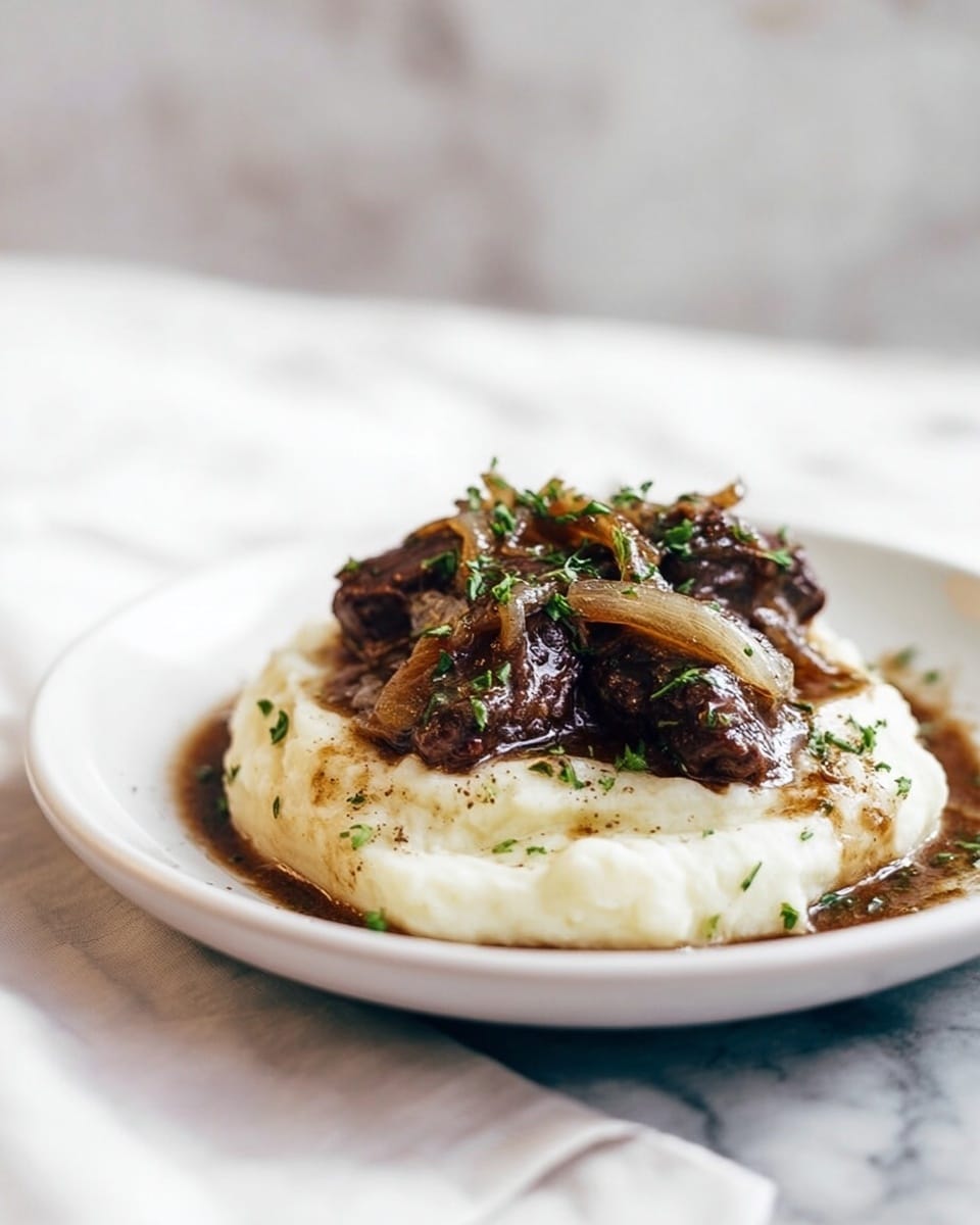 The dish shows a white round plate with a thick base layer of smooth, creamy mashed potatoes, molded into a circular shape with slightly visible texture. On top, there are several pieces of dark brown meat covered in a shiny brown gravy with small bits of caramelized onions. The meat and onions are garnished with a light sprinkle of chopped green herbs. The plate is set on a white marbled surface with a soft and neutral background, giving the food a warm and inviting look. photo taken with an iphone --ar 4:5 --v 7