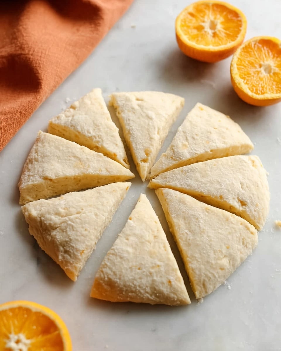 A round dough circle is placed on a white marbled surface, divided evenly into eight triangular pieces. The dough looks soft with a light beige color and a slightly rough texture. Near the dough, there are two orange halves with their insides visible, showing a pulpy texture. An orange cloth is slightly visible in the top left corner, adding a warm color contrast. The scene is simple and bright. photo taken with an iphone --ar 4:5 --v 7