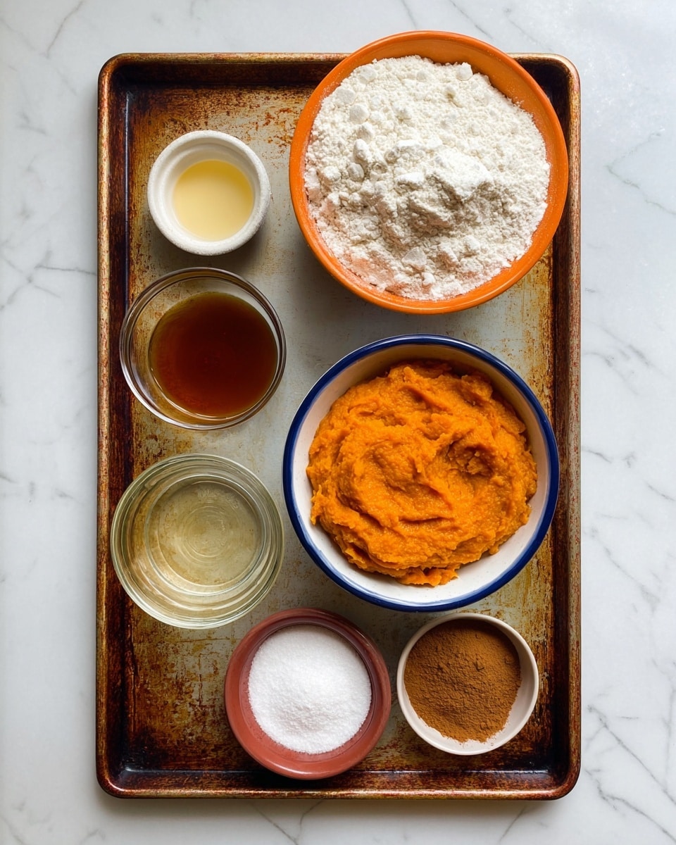 The image shows a rusty baking tray on a white marbled surface with six small bowls arranged on it. The largest bowl at the top is orange on the outside and filled with white flour that is slightly lumpy in texture. Below it, there is a blue handled white bowl filled with smooth orange mashed pumpkin. To the left of this bowl are two smaller bowls: one is pale yellow, containing a small amount of dark amber liquid, and below it is a clear glass bowl with a light golden liquid inside. To the right of those is a white bowl holding white powder, and below it is a red bowl filled with brown ground cinnamon powder. The bowls and tray are neat, and no woman's hand is visible. photo taken with an iphone --ar 4:5 --v 7