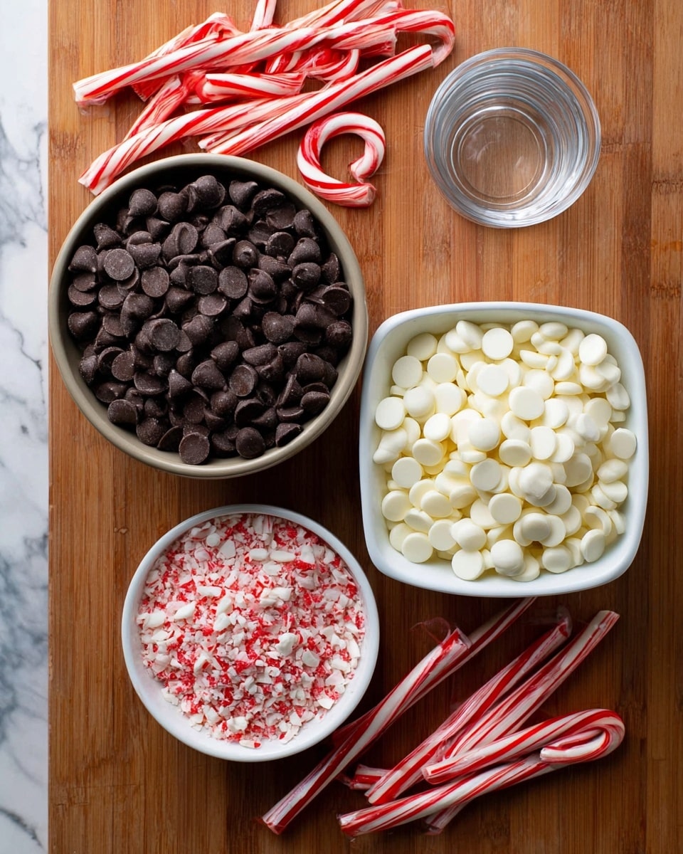 The image shows five items arranged on a wooden surface with a white marbled texture. There is a round bowl filled with dark brown chocolate chips on the left and a white rectangular bowl filled with white chocolate chips on the right. Below them is a small white bowl holding crushed red and white peppermint pieces. Candy canes with red and white stripes are placed around the bowls in different positions. In the center above the bowls is a small clear glass cup that is empty. Photo taken with an iphone --ar 4:5 --v 7