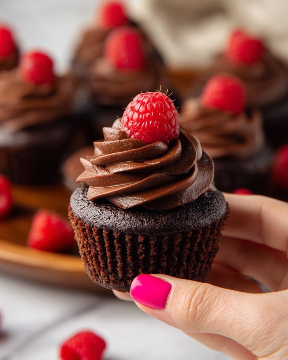 A close-up of a dark brown chocolate cupcake held by a woman's hand with bright pink nail polish, showing the textured cake base topped with a thick swirl of smooth, darker chocolate frosting. At the top, a fresh red raspberry sits slightly tilted, contrasting with the rich brown colors. In the blurred background, more chocolate cupcakes with similar frosting and raspberries are arranged on a wooden plate, with some scattered raspberries adding pops of red. The surface beneath is a white marbled texture. photo taken with an iphone --ar 4:5 --v 7