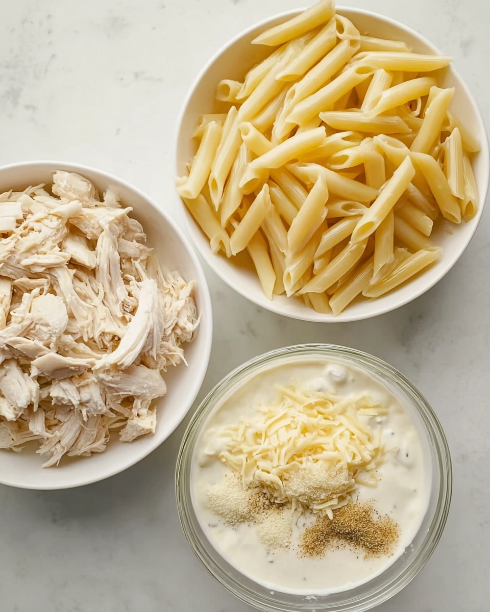 The image shows three white bowls placed on a white marbled surface. The top left bowl contains pale yellow cooked pasta, shaped like penne, filling the bowl almost full. Below it, a white plate holds shredded pale cooked chicken spread evenly. To the right, there is another clear bowl with white creamy sauce, topped with a mix of light yellow shredded cheese and beige powdered seasonings placed on one side. The colors are soft and natural, with the bowls arranged closely together. photo taken with an iphone --ar 4:5 --v 7
