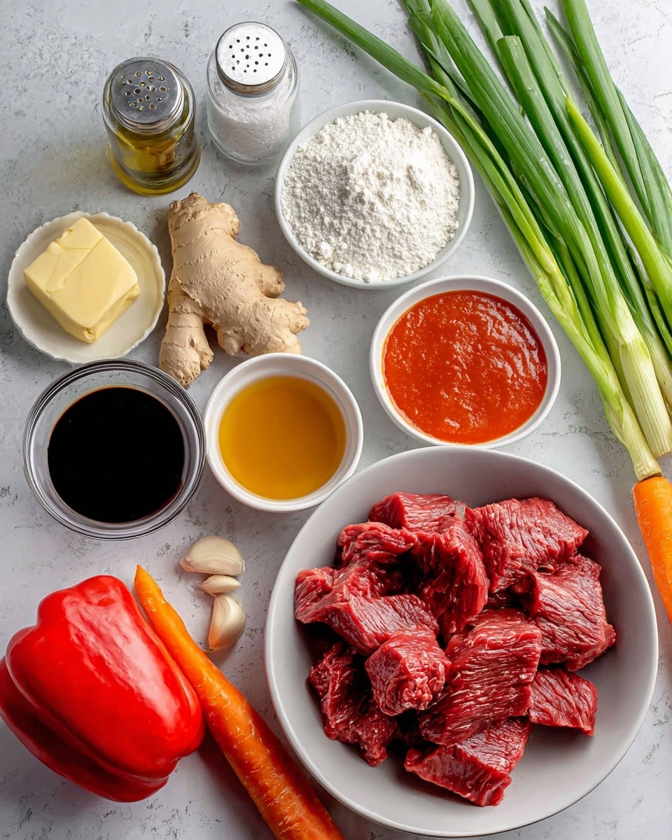 The image shows ingredients for cooking with a white bowl filled with several pieces of raw red flank steak at the bottom right. To the left of the bowl, there is a small white dish with a pale yellow round piece of optional butter and a bottle of olive oil below it. Above the butter are glass containers of salt and pepper. Next to them is a piece of light brown ginger root with two peeled garlic cloves nearby. Centered at the top between the ingredients is a small white bowl containing golden honey. To the right of the honey is another small white bowl filled with bright red sriracha sauce. Above that is a clear glass jug with dark soy sauce. On the far right, there is a small white bowl holding white cornstarch. At the very top, a long orange carrot rests horizontally under a bunch of green onions stretching across the image top. On the left side near the carrot is a whole red bell pepper. The items are all placed on a white marbled textured surface photo taken with an iphone --ar 4:5 --v 7
