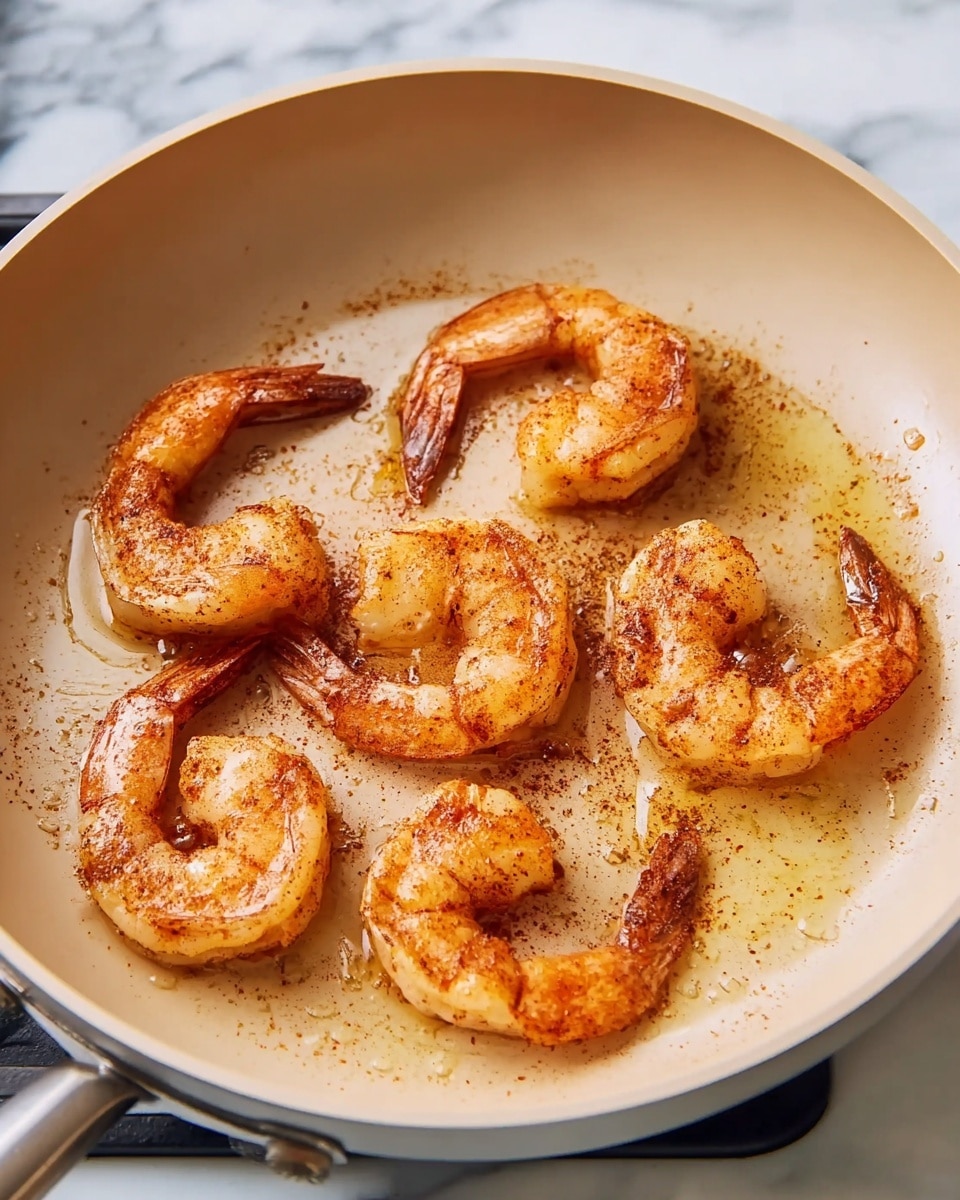 Six cooked shrimp with a reddish seasoning sit in a light beige frying pan. The shrimp are curved and spaced out evenly, some laying on their sides and others slightly tilted. A thin layer of oil coats the bottom of the pan, glistening under the light. The pan rests on a stove with a white marbled surface visible in the background. photo taken with an iphone --ar 4:5 --v 7