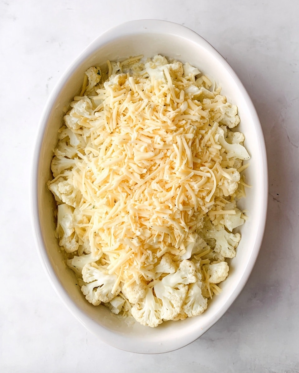 The image shows an oval white baking dish filled with a mixture of cauliflower florets and shredded cheese. The dish has two visible layers: the bottom layer is made up of roughly chopped white cauliflower pieces, loosely stacked and spread out, while the top layer is a generous coating of pale yellow shredded cheese that covers the cauliflower unevenly. The dish sits on a white marbled surface that adds a soft texture to the background. photo taken with an iphone --ar 4:5 --v 7