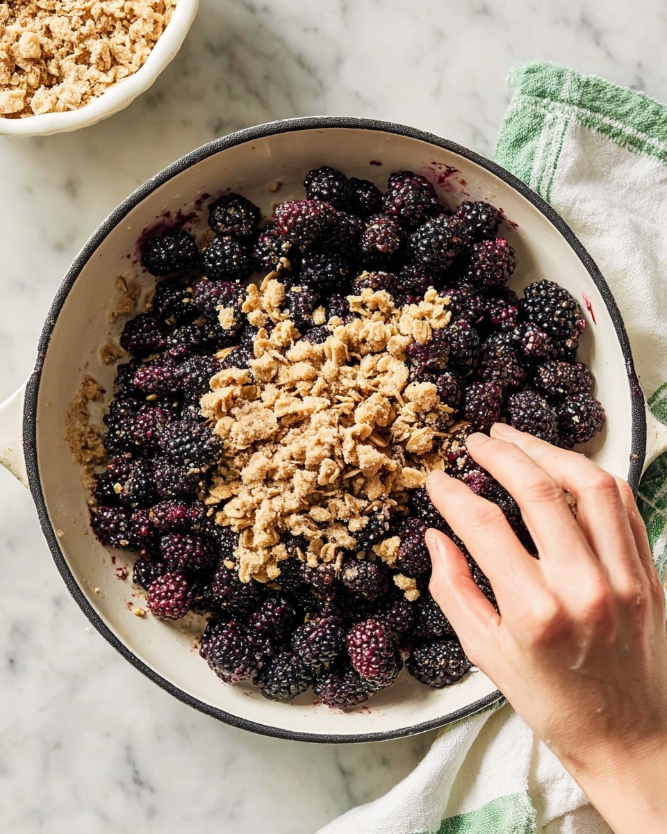 In a white pan with a thin dark rim, there is a layer of fresh blackberries with a deep purple-black color and a bumpy texture filling the bottom. On top of the blackberries, there is a thick layer of light brown crumbly oat mixture scattered unevenly, showing chunks and oats. A woman's hand is seen from the right side gently adding more of this oat topping to the pan. The pan rests on a white marbled surface, and there is a white and green striped cloth partly under the pan handle. In the top left corner, a portion of a white bowl is visible containing some more of the crumbly oat mixture. photo taken with an iphone --ar 4:5 --v 7