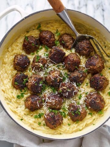French Onion Meatballs with Cheesy Orzo Recipe