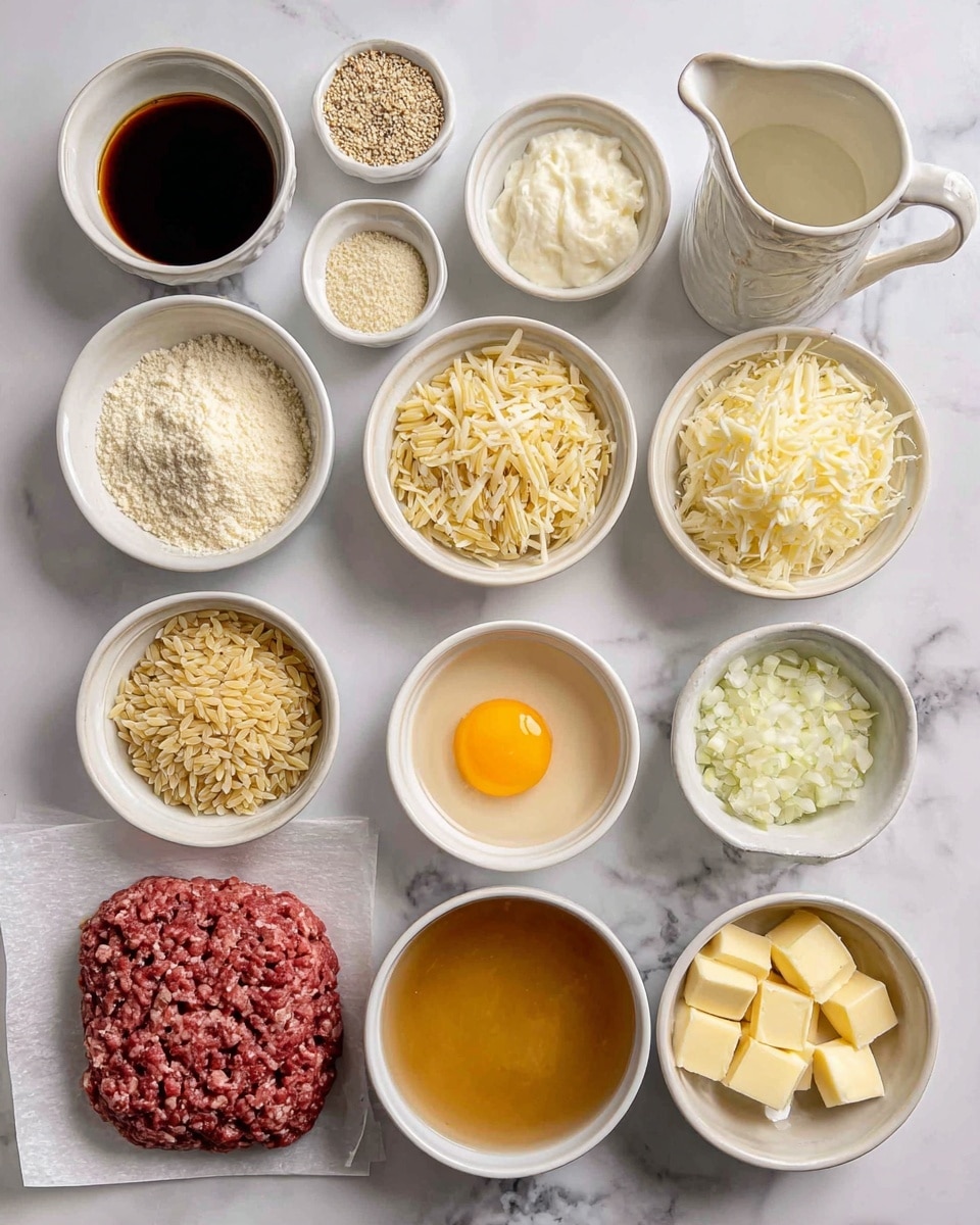 The image shows a neat arrangement of cooking ingredients on a white marbled surface. There are twelve small white bowls and one piece of ground beef on white parchment paper. From left to right, top to bottom: a bowl of dark Worcestershire sauce, a small container of cream, a bowl of light beige breadcrumbs, a small pitcher of clear white wine, a bowl filled with shredded pale yellow Gruyere cheese, a bowl of finely chopped white onion, a bowl of finely grated Parmesan cheese, a bowl of dry orzo pasta shaped like tiny rice grains, a small cup with a raw yellow egg yolk surrounded by clear egg white, a large bowl of golden-brown broth, a bowl with a dry mixture of onion soup mix pieces, and a bowl with small light yellow butter chunks. The ground beef has a textured, ridged surface. Photo taken with an iphone --ar 4:5 --v 7