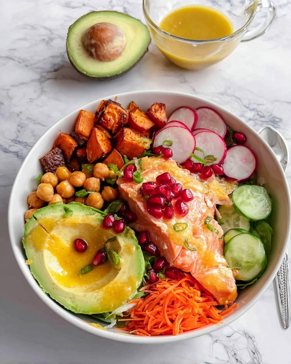 A white bowl on a white marbled surface holds a colorful layered dish. Starting from the front left, there is half a bright green avocado with a smooth texture, topped with a golden yellow sauce and red pomegranate seeds. Next to it, finely chopped green onions add a fresh green touch. Moving clockwise, there are thin orange carrot strips, followed by a piece of cooked salmon with a slightly crispy light orange and white surface, also drizzled with the same golden sauce and red pomegranate seeds. Above the salmon, radish slices with white and red interiors add brightness, mixed with scattered pomegranate seeds. To the left of the radishes, thick cucumber slices show a deep green peel and pale green insides. Next to the cucumber, there are small roasted sweet potato cubes with a caramelized, light brown surface and some roasted chickpeas in a golden brown color. In the background, half an avocado and a small bowl of roasted chickpeas are partially visible. photo taken with an iphone --ar 4:5 --v 7