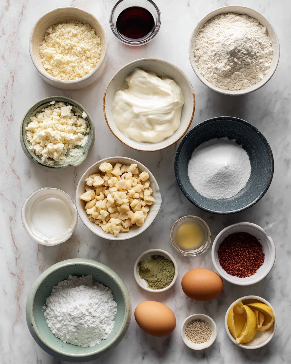 A top-down view of several small white bowls and one dark grey bowl arranged on a white marbled surface, each filled with different ingredients including a bowl of chopped white nuts in the center, a bowl of thick white cream, a bowl of powdered sugar, a bowl of white flour, sugar in a pale bowl, two whole brown eggs beside a small cup of clear liquid, half a lemon, and other small bowls containing light brown paste, greenish powder, reddish sauce, some kind of seeds, and a few white powders, all neatly placed with soft natural lighting, photo taken with an iphone --ar 4:5 --v 7
