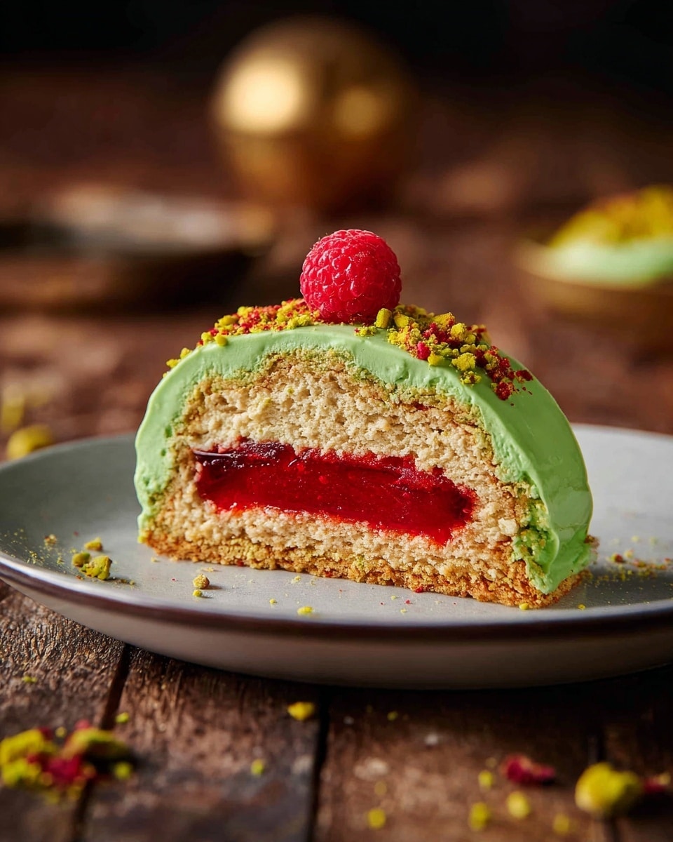 A slice of layered dessert sits on a white plate, showing three main layers: a bottom light brown cake layer, a thick middle light cream layer, and a red jelly center. The dessert is covered in smooth green icing with some crushed yellow and red crumbs sprinkled on top. A bright red raspberry sits on the top center, adding a fresh touch. The plate is on a wooden surface with scattered crumbs around, and the background is softly blurred with warm, dark tones. photo taken with an iphone --ar 4:5 --v 7
