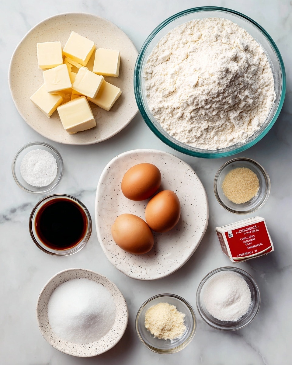 The image shows ingredients for baking arranged neatly on a white marbled surface. There is a large clear glass bowl filled with white flour with a slightly rough texture from scooping. To the right, a shallow white plate holds a mound of fine white sugar, smooth on top. Below the sugar, a small white speckled bowl contains two brown eggs with smooth shells. On the left, a white plate holds several cubes of pale yellow butter with a soft texture. Above the butter, a small clear glass bowl contains dark brown vanilla extract. Nearby, three smaller clear bowls hold white baking soda powder, light yellowish cardamom powder, and salt. A small red box of cream of tartar sits to the right. Each item is clearly visible with natural lighting, photo taken with an iphone --ar 4:5 --v 7