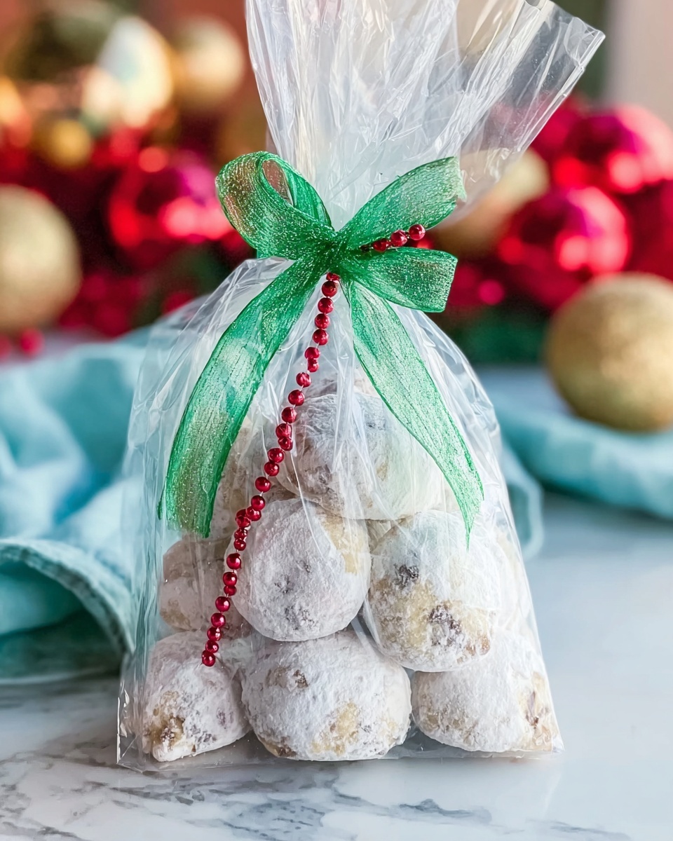 Cranberry Pistachio Snowballs Recipe 5 A clear plastic bag filled with round cookies covered in powdered sugar is shown. The bag is tied at the top with a shiny green bow and a string of red sequins. The cookies look soft and slightly crumbly with visible small nut pieces inside. The bag sits on a white marbled surface near a folded light blue cloth. The background is blurred with holiday decorations in red and gold colors. photo taken with an iphone --ar 4:5 --v 7