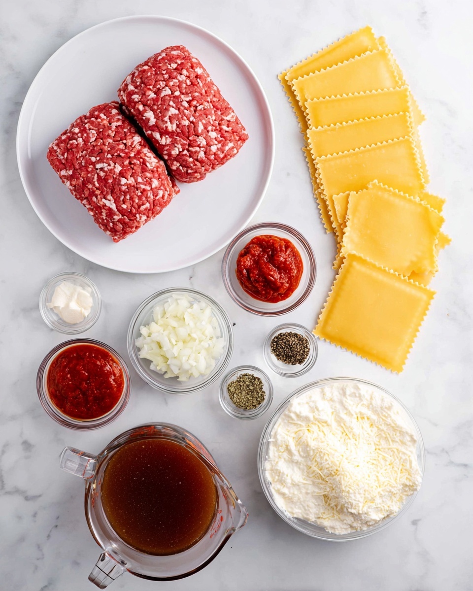 The image shows many ingredients placed neatly on a white marbled surface, arranged in a light, bright setting. On the left, there is a white plate holding two flat blocks of raw ground meat with a reddish-pink color and specks of white fat. To the right, there are four uncooked yellow lasagna sheets with wavy edges lined up flat. In the middle, there are small clear glass bowls containing different items: one with chopped white onions, one with canned tomato paste of a deep red color, one with minced garlic, one with dried herbs with a greenish tint, and one with a mix of black and white pepper and salt. Below these bowls is a larger glass measuring cup filled with a dark reddish-brown broth. Two small white bowls on the right side contain creamy white ricotta cheese and a grated pale-yellow cheese. Another small glass bowl with grated Parmesan cheese in a light yellow shade sits below the tomato paste bowl. The arrangement is clean and precise, set against the white marbled surface. photo taken with an iphone --ar 4:5 --v 7