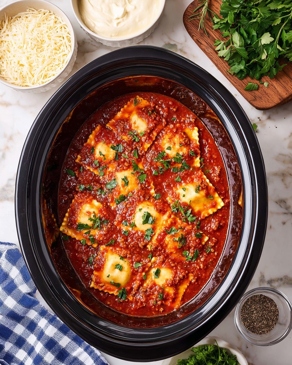 A black slow cooker filled with a rich, red tomato sauce covered by square ravioli pieces, each ravioli slightly wrinkled and edged with ruffled borders, scattered with small bits of ground meat and green parsley pieces on top. Surrounding the slow cooker are three white bowls filled with grated cheese and creamy white sauce, a wooden board with fresh green parsley, and a small clear glass bowl of ground black pepper, all set on a white marbled surface. A blue and white checkered cloth is partially visible at the bottom left corner. photo taken with an iphone --ar 4:5 --v 7