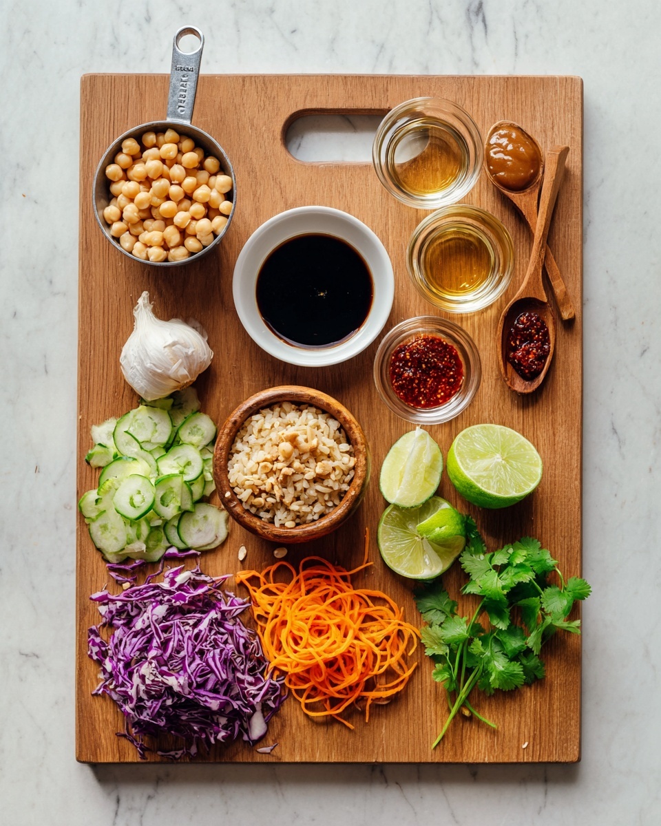 Crispy Miso Chickpea Bowls with Garlic Sesame Dressing Recipe 4 A wooden board with a hole near the top center displays various ingredients neatly arranged. At the top left, a small metal measuring cup holds round chickpeas with a light beige color. Next to it on the right is a small white bowl filled with dark soy sauce. Beside that, two small glass bowls contain clear liquid and amber liquid respectively. In the middle of the board, a small wooden bowl is filled with cooked brown rice. To the right of the bowl are small piles of chopped nuts and two lime halves showing a pale green interior. Near the bottom left, there is a whole garlic bulb and a peeled clove beside shredded purple cabbage. Spread in the center bottom are thin, curled orange carrot ribbons and green cucumber slices with a juicy texture. On the right on two small wooden spoons are a dollop of light brown nut butter and a spoonful of red chili sauce. Lastly, fresh green cilantro leaves are placed at the bottom right corner. The whole setup is on a white marbled texture. Photo taken with an iphone --ar 4:5 --v 7