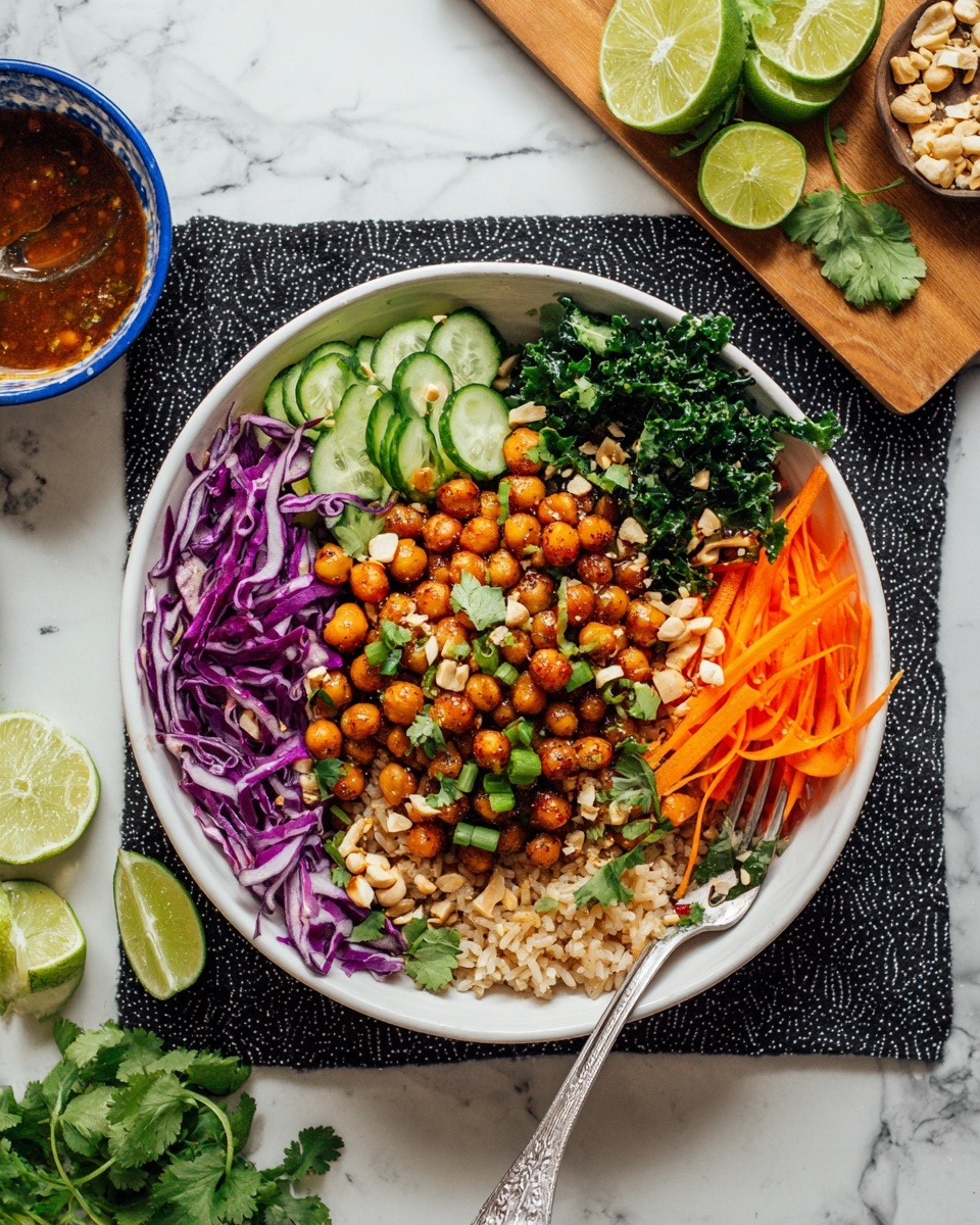 Crispy Miso Chickpea Bowls with Garlic Sesame Dressing Recipe 5 A white bowl filled with several layers starts with a base of light brown cooked rice covering about half the bowl on the right side. On top of the rice and across the center is a large pile of golden brown roasted chickpeas with some slight char marks, sprinkled with chopped green onions and crushed peanuts. To the left of the chickpeas, there are thinly sliced bright purple cabbage, pale green cucumber sticks, and bright orange carrot ribbons stacked separately in sections. On the upper right side of the bowl, there are dark green leafy kale pieces garnished with fresh cilantro leaves. A silver fork rests on the right side of the bowl, partly placed in the rice. A lime wedge sits at the bottom left edge of the bowl. The bowl is on a black and white cloth on top of a white marbled surface. Nearby are two lime halves, a wooden tray with a blue bowl of thick brown sauce with chopped garlic, and sprigs of fresh cilantro. The entire scene is well lit with natural light. Photo taken with an iphone --ar 4:5 --v 7