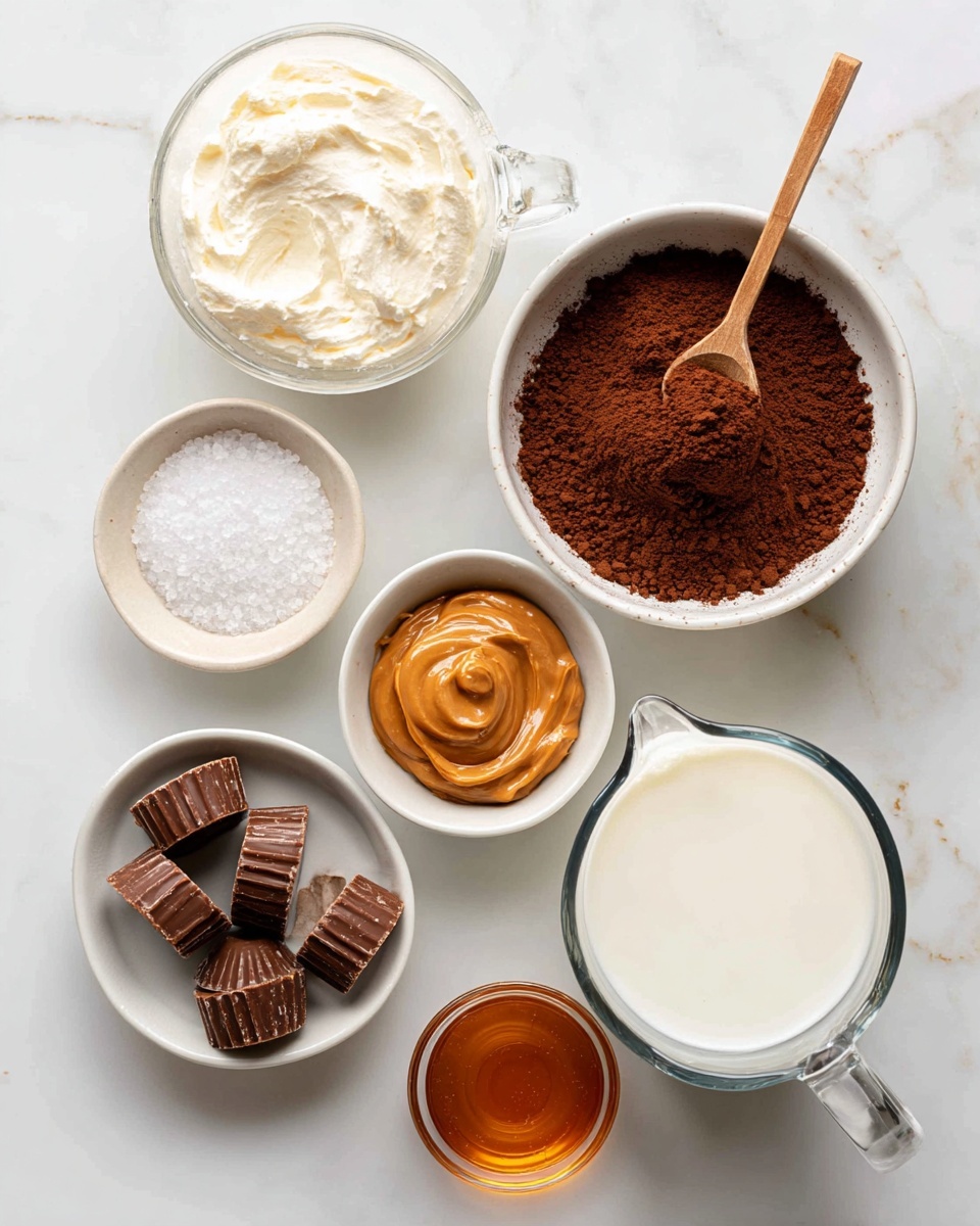 The image shows seven small white bowls and clear glass measuring cups arranged on a white marbled surface. The top left has a clear glass measuring cup filled with pale whipping cream on a small white dish. Below it, a smaller white bowl holds coarse white salt. To the right of the salt is a larger white bowl filled with dark brown cocoa powder, with a small wooden spoon resting inside. Above this cocoa powder bowl is another white bowl with shiny, smooth, orange-brown peanut butter. To the right, a small white bowl contains several miniature chocolate peanut butter cups, with two cups lying outside the bowl on the surface. At the bottom, a large clear glass measuring cup is filled with milk. Near the center right, a small white bowl holds amber-colored maple syrup with a shiny, smooth texture. The arrangement is clean, simple, and visually clear for ingredient identification photo taken with an iphone --ar 4:5 --v 7