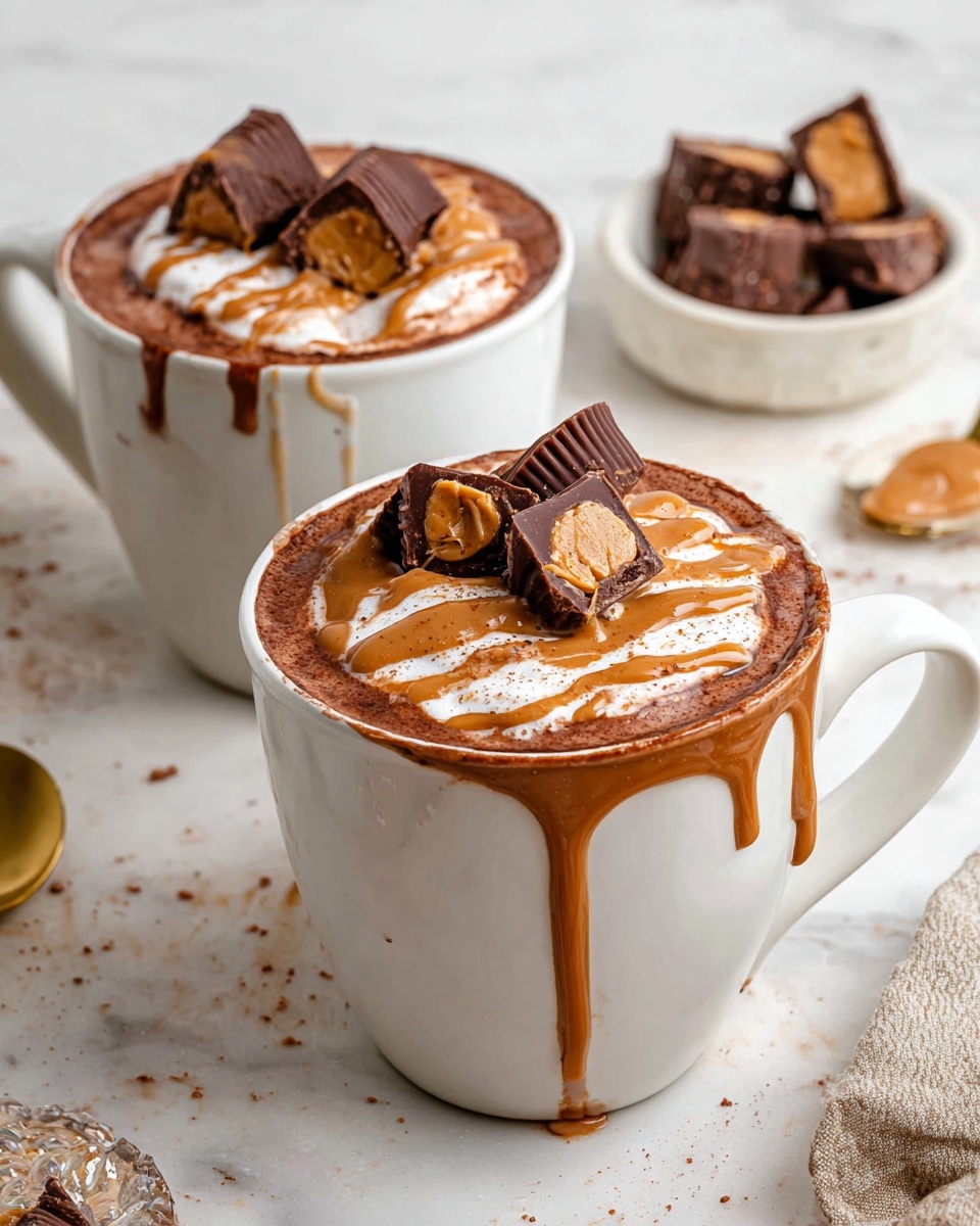The image shows two white mugs filled with rich, dark brown hot chocolate topped with a thick layer of white whipped cream. On top of the whipped cream, there are several pieces of cut chocolate candy with a peanut butter center and a drizzle of smooth, light brown peanut butter sauce across the surface and dripping down the sides. The mugs sit on a white marbled surface. In the background, there is a small bowl filled with cut chocolate peanut butter candies, matching the ones on the hot chocolate, and a gold spoon is placed nearby. The scene feels warm and inviting, with warm tones from the chocolate and peanut butter against the clean white dinnerware and surface. Photo taken with an iphone --ar 4:5 --v 7