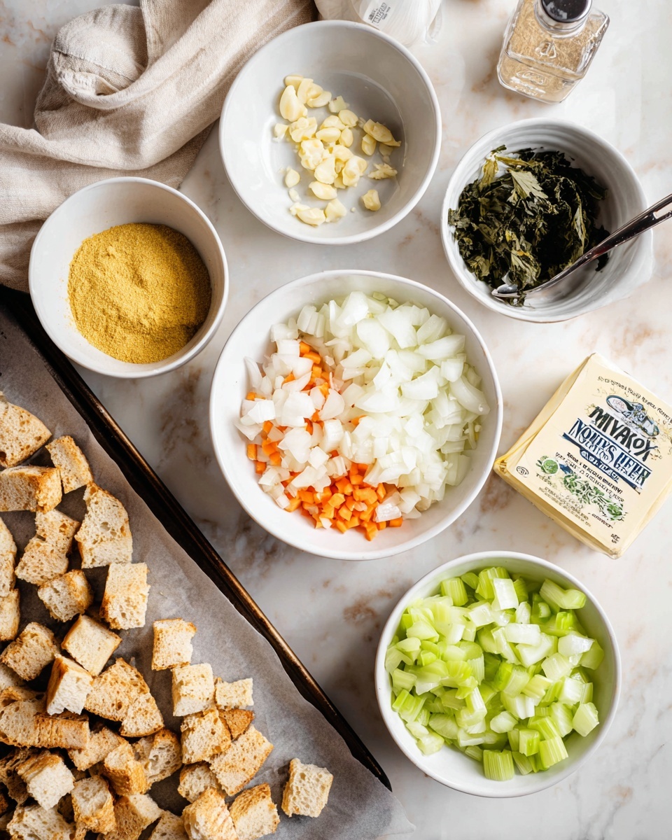 The image shows several separate white bowls and a glass measuring cup arranged on a white marbled surface. The largest white bowl near the center contains chopped white onions and orange carrot pieces mixed together. To the right, a white bowl holds chopped green celery, and next to it is a white cup with dark green leafy herbs. Above the largest bowl, another white bowl has minced garlic. To the left, a white bowl filled with a yellow powder looks like broth mix. On the lower left, chunks of toasted bread pieces are spread on parchment paper in a baking tray. There is also a box of Miyoko’s European Style Cultured Vegan Butter placed near the bread. Photo taken with an iphone --ar 4:5 --v 7