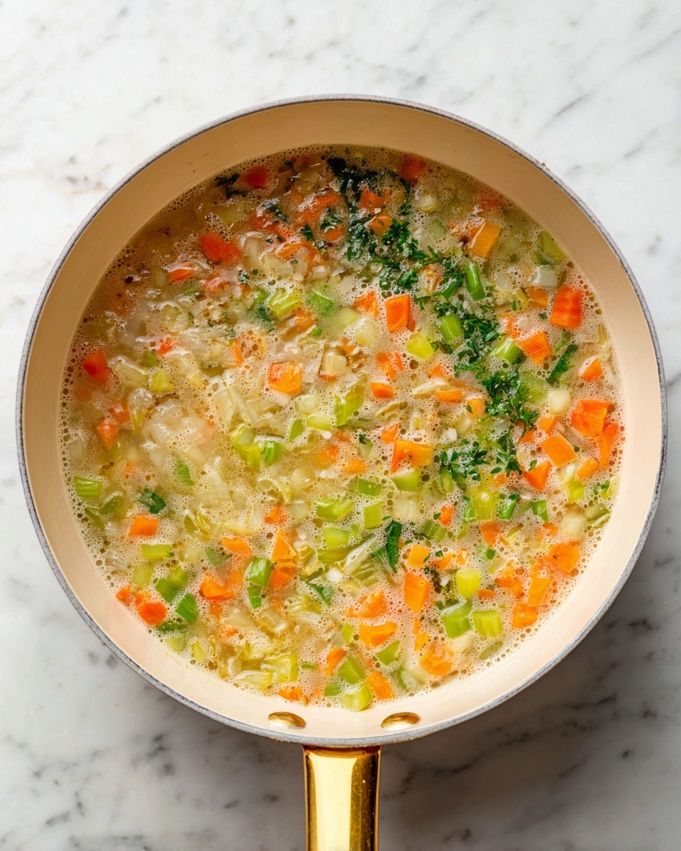 A white pot with a golden handle is filled with a thick soup showing diced bright orange carrots, light green celery, and small pieces of leafy green herbs. The broth is light beige with a slightly foamy texture on top, visible small onion pieces, and a mix of soft textures from the cooked vegetables. The pot rests on a white marbled surface. photo taken with an iphone --ar 4:5 --v 7