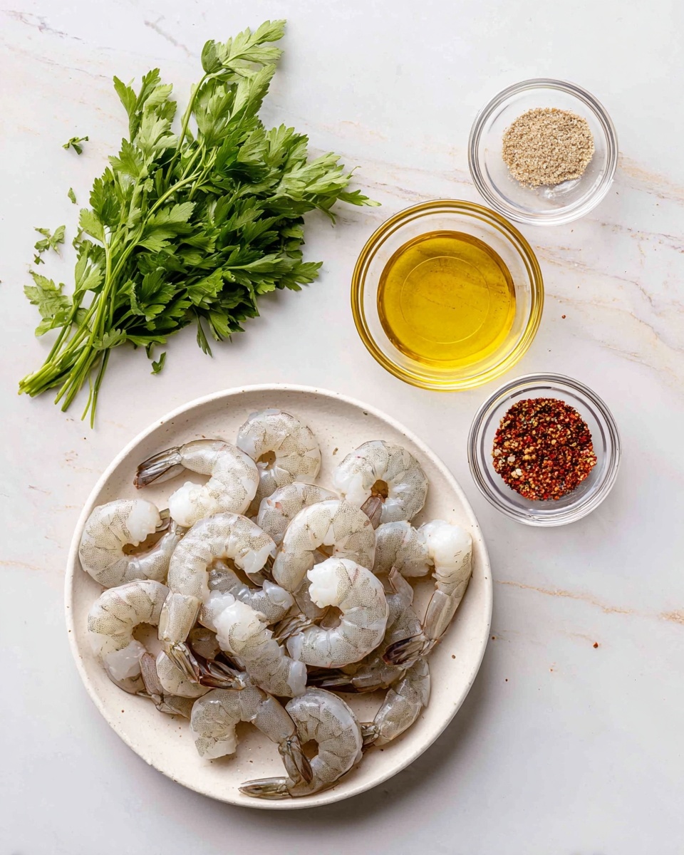 Chili Garlic Spicy Shrimp Recipe 4 Two white plates are on a white marbled surface. The plate on the left holds a single layer of large raw shrimp, pale gray with faint darker lines, arranged loosely to fill the dish. The plate on the right contains three elements: a small bunch of fresh green parsley on the left side, a small clear glass bowl of golden olive oil in the lower center, and another small clear glass bowl of mixed red and light beige spices in the upper right. The overall scene is simple and bright, with a clean layout and natural colors. photo taken with an iphone --ar 4:5 --v 7