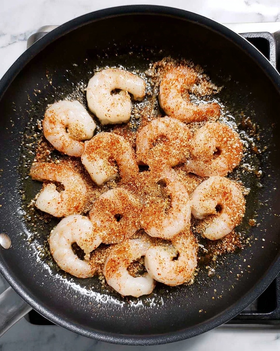 Chili Garlic Spicy Shrimp Recipe 5 Inside a black frying pan, there are about fifteen shrimp arranged in a loose circle near the center. The shrimp are mostly white with a light translucent texture, and a generous layer of reddish-brown seasoning is sprinkled unevenly on top, giving a textured, powdery look. The pan's surface is lightly coated with oil, creating a shiny, slightly wet appearance under the shrimp. The frying pan rests on a stove with parts of the stove edge visible. The whole scene is set on a white marbled surface. photo taken with an iphone --ar 4:5 --v 7