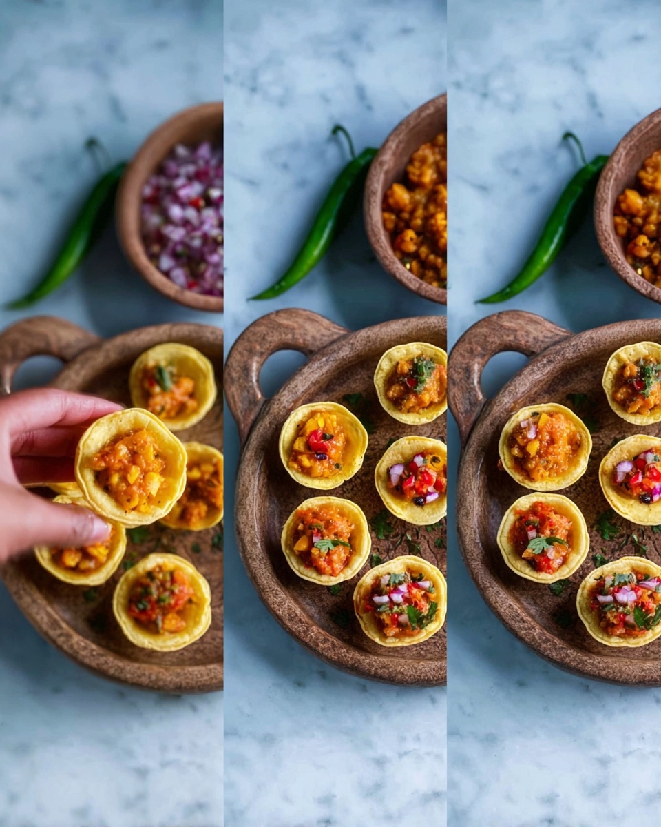 The image shows three stages of making small round snacks on a wooden pan with a handle, placed on a white marbled surface. Each snack has three layers: the bottom layer is a light yellow round shell with a rough texture and slightly raised edges. In the second stage, the middle layer inside each shell is filled with a bright orange chunky sauce with bits of vegetables or meat. In the third stage, the top layer is added, consisting of a colorful mix of finely chopped red, green, and pale yellow vegetables placed small over the orange filling inside each shell. In the first frame, a woman's hand holds one of the empty yellow shells above the pan. Two bowls with similar sauces and a whole green chili pepper are visible next to the pan on the white marbled surface. Photo taken with an iphone --ar 4:5 --v 7