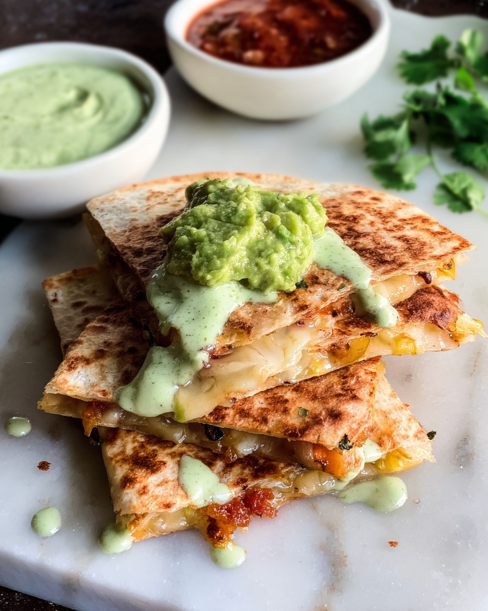 Three folded quesadilla slices stacked on a white marbled surface, each slice showing a crispy golden-brown tortilla layer with melted cheese and cooked vegetables inside. The top quesadilla slice has a dollop of chunky green guacamole and is drizzled with light green creamy sauce. In the background, there are two white bowls, one filled with red salsa and the other with dark sauce, partially visible, along with fresh cilantro sprigs on the right side. Photo taken with an iphone --ar 4:5 --v 7