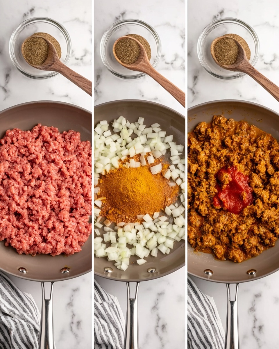 The image shows three side-by-side photos of the same stainless steel pan on a white marbled surface. In the first frame, raw ground meat forms a solid pink square on the left side of the pan while a pile of small white onion pieces sits on the bottom right. In the second frame, the meat is browned and broken up into crumb-like pieces, with a bright yellow spice and a small dollop of red sauce sitting on top of the bacon. In the last frame, the meat is evenly coated with the yellow spice and sauce, creating a uniform reddish-brown color with a crumbly texture filling the pan. A small glass jar of brown spice with a wooden spoon is placed above the pan in all three photos, along with a striped cloth partially visible on the lower right corner. Photo taken with an iphone --ar 4:5 --v 7
