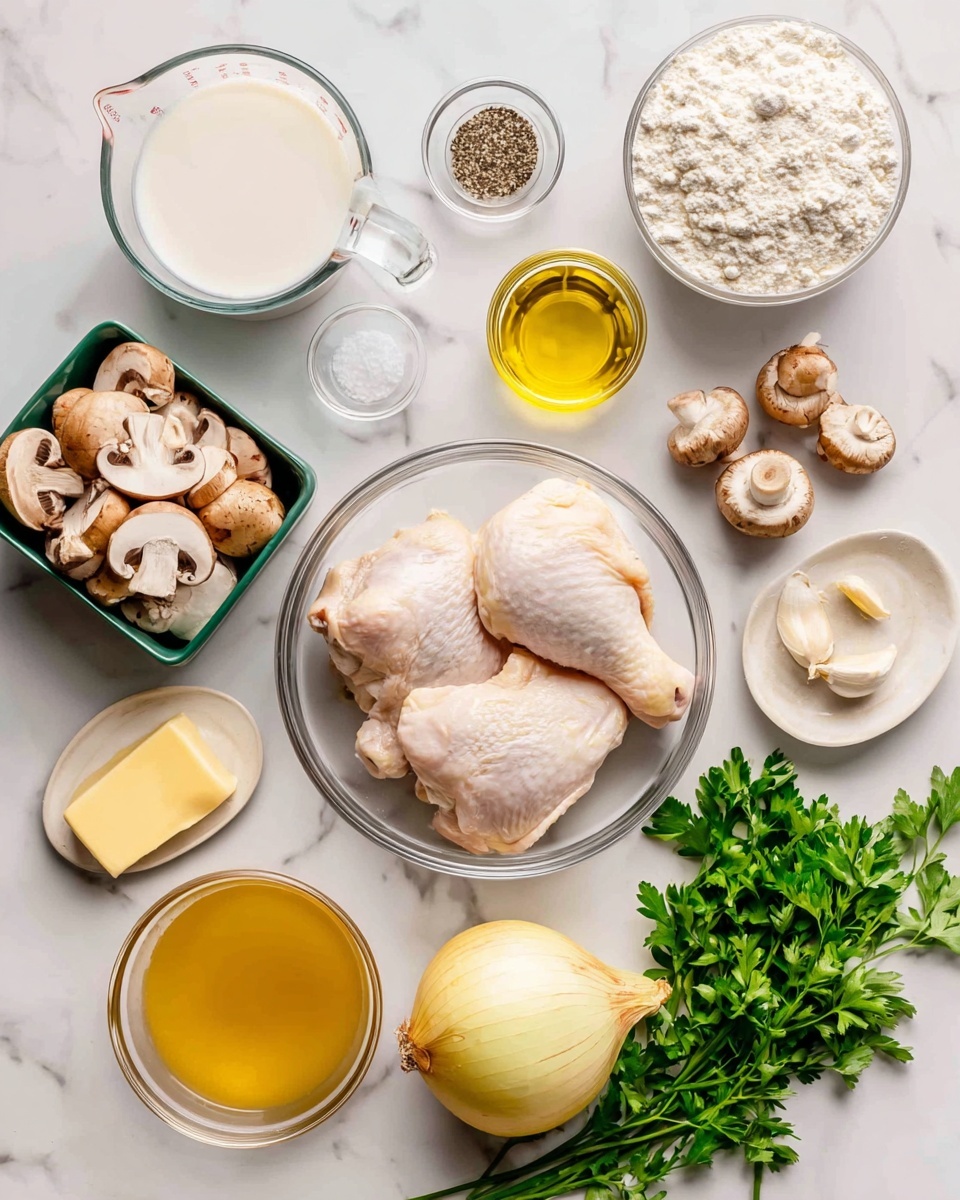 The image shows a round clear glass bowl in the center holding two raw chicken pieces, surrounded by smaller containers and items arranged neatly on a white marbled surface. At the top left, a transparent measuring cup contains white cream, next to a transparent bowl filled with white flour on the top right. To the left of the chicken, there is a green plastic container full of sliced brown mushrooms. Below the chicken, a small glass bowl holds golden chicken broth, and nearby are two garlic cloves. To the right of the chicken, there is an unpeeled yellow onion next to fresh green parsley on the bottom right corner. A small dish with golden olive oil is placed above the chicken, with a small round glass container of butter and another of salt and pepper above that. A woman's hand holding a small jar of black pepper is partially visible on the top edge. The background is clean and bright with a white marbled texture. Photo taken with an iphone --ar 4:5 --v 7