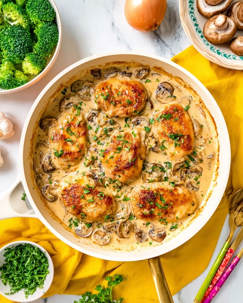 A white frying pan filled with five golden-brown cooked chicken pieces, sitting in a creamy light beige sauce with sliced mushrooms and sprinkled green herbs, positioned in a slightly scattered way across the pan. The pan is placed on a white marbled surface with a bright yellow cloth underneath it. Surrounding items include an onion, garlic bulbs, fresh herbs, a white plate filled with green broccoli, a small dish with cooked mushrooms, a gold fork, and a colorful spoon, all arranged neatly on the surface. Photo taken with an iphone --ar 4:5 --v 7