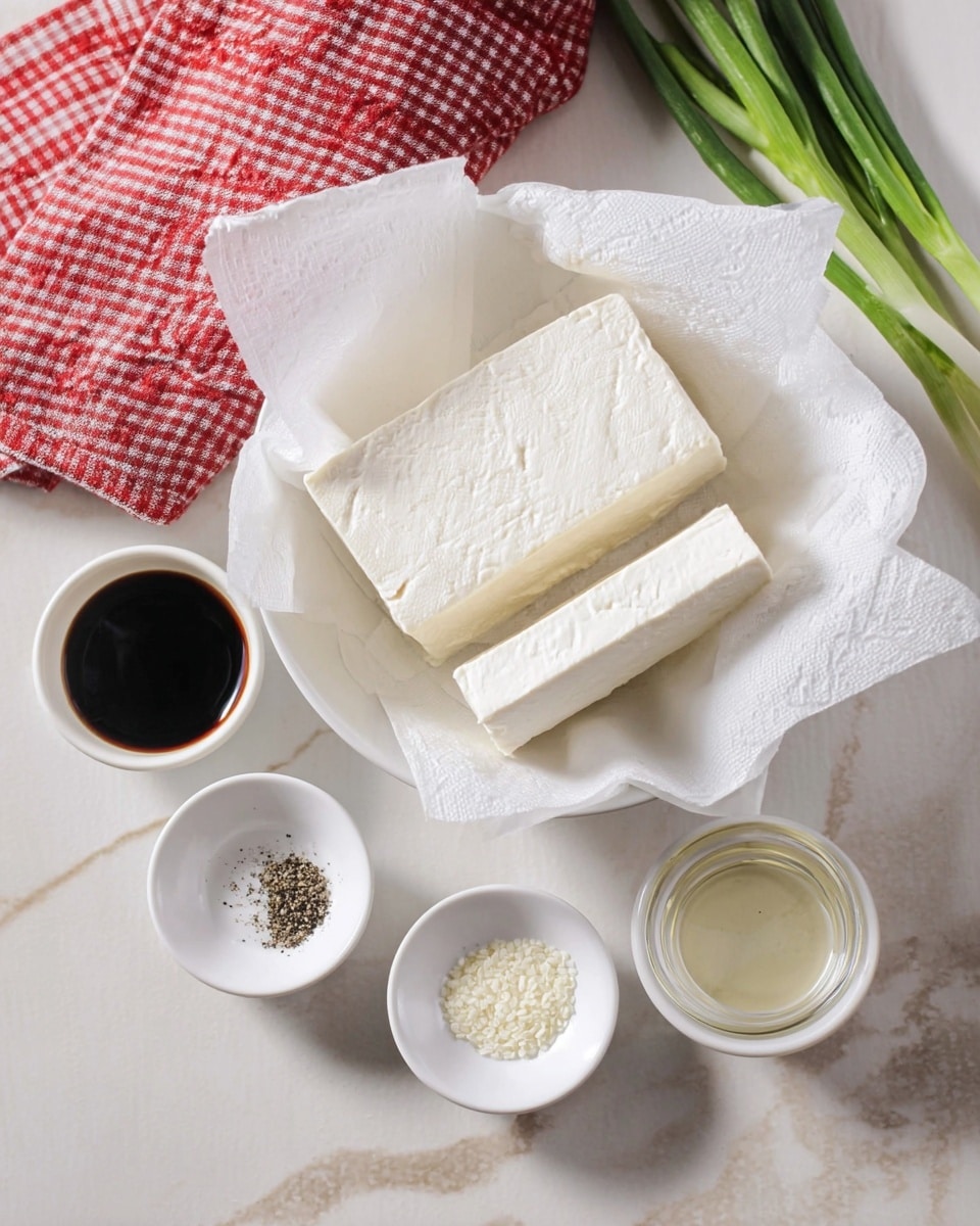 Two large white tofu blocks, one whole and one sliced in half, rest on white paper towels in a white bowl. Around this bowl are five small white dishes on a white marbled surface: one holds a dark soy sauce, one has a light clear liquid, another contains coarse black pepper and salt, one has a small amount of sesame seeds, and another has white powder. A red and white checked cloth is partly visible in the top left corner, and a few green onion stalks are at the top right. The photo taken with an iphone --ar 4:5 --v 7