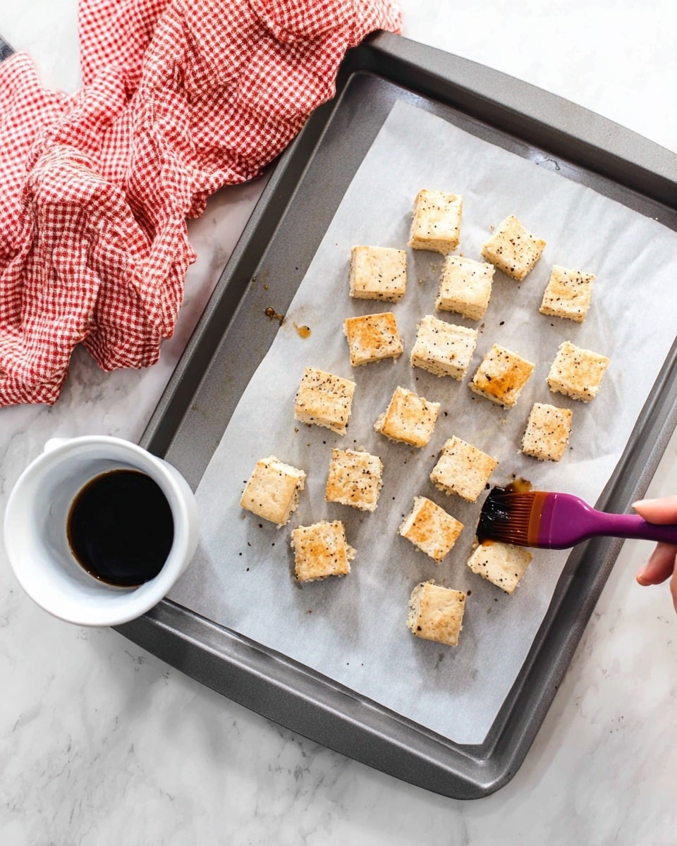 The image shows a gray baking tray lined with white parchment paper on a white marbled surface. On the parchment paper, there are about fifteen small, square pieces of lightly browned tofu arranged in a loose grid. The tofu cubes have a slightly crispy outer layer with specks of black pepper and are a pale beige color with some golden-brown spots. A purple silicone brush held by a woman's hand is brushing a soy-based sauce onto one of the tofu pieces. Next to the tray on the left side is a small white sauce cup filled with dark brown soy sauce. In the upper corner, there is a crumpled red and white checkered cloth. Photo taken with an iphone --ar 4:5 --v 7