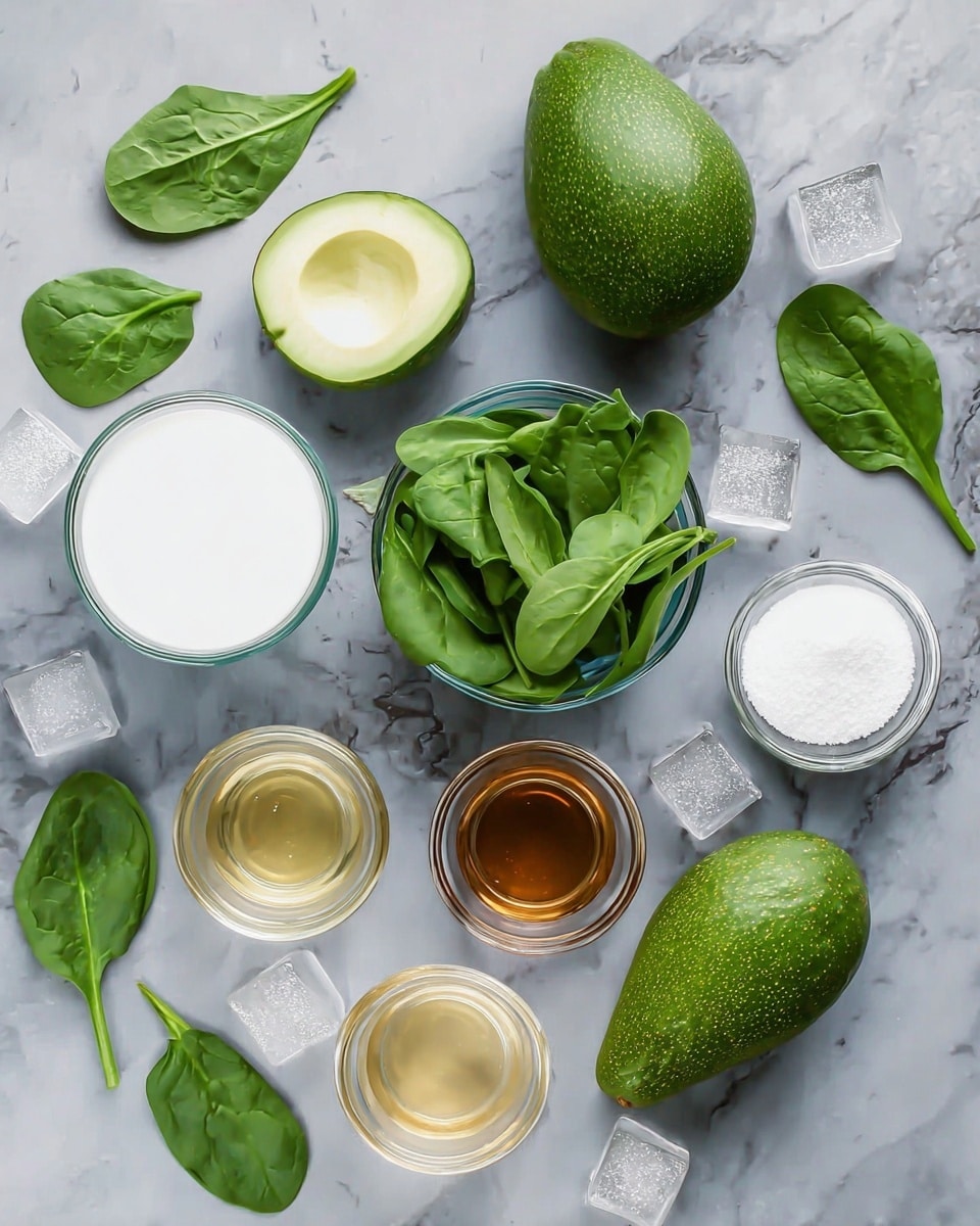 The image shows fresh ingredients laid out on a white marbled surface. There is one whole avocado at the top center and another whole avocado at the bottom center, both with a green smooth skin. In the middle, a small clear glass bowl is filled with bright green spinach leaves. Surrounding these are six small clear glass bowls each containing different items: one filled with white milk, one with ice cubes, one with a brown liquid, one with a light yellow liquid, one with a golden liquid, and one with white granulated sugar. Scattered around are fresh green spinach leaves and a few ice cubes. The items are neatly spaced and arranged in an open layout. photo taken with an iphone --ar 4:5 --v 7