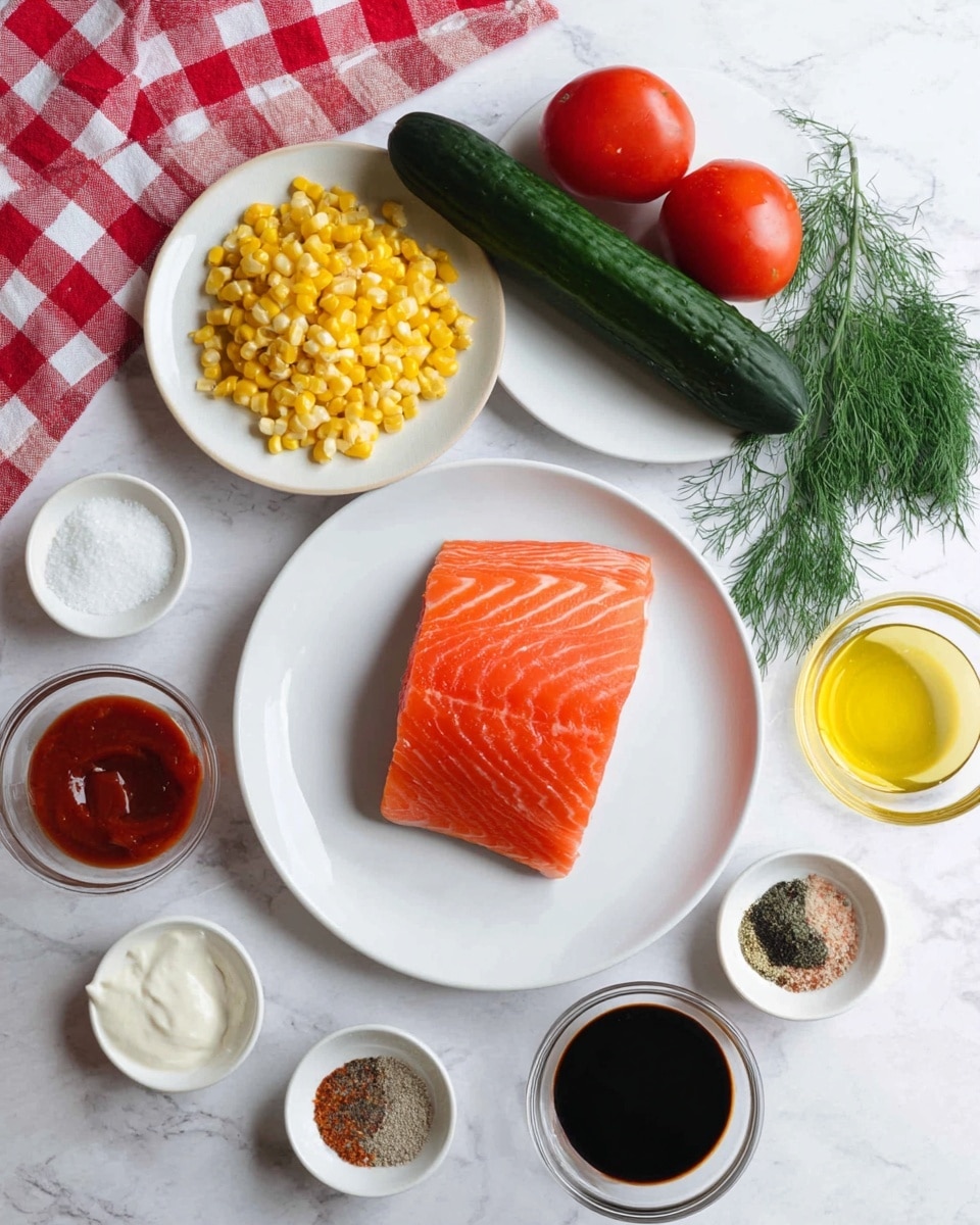 A white plate in the center holds a fresh, bright orange piece of salmon with smooth texture and clear lines. Above it, another white plate displays a fresh dark green cucumber horizontal to the plate, scattered yellow corn kernels on the left, two red tomatoes on the right, fresh green dill next to them, and a small empty white bowl with some salt. Around these plates are small white and glass bowls containing different sauces and spices: a small white bowl with a reddish sauce on the left, a glass bowl with white creamy sauce below it, another glass bowl with golden olive oil below that, a small white bowl with thick dark soy sauce near the bottom, and a white bowl with a mix of ground black pepper, brown, and off-white spices on the lower right corner. A red and white checkered cloth is partly visible on the top left, all placed on a white marbled surface. photo taken with an iphone --ar 4:5 --v 7
