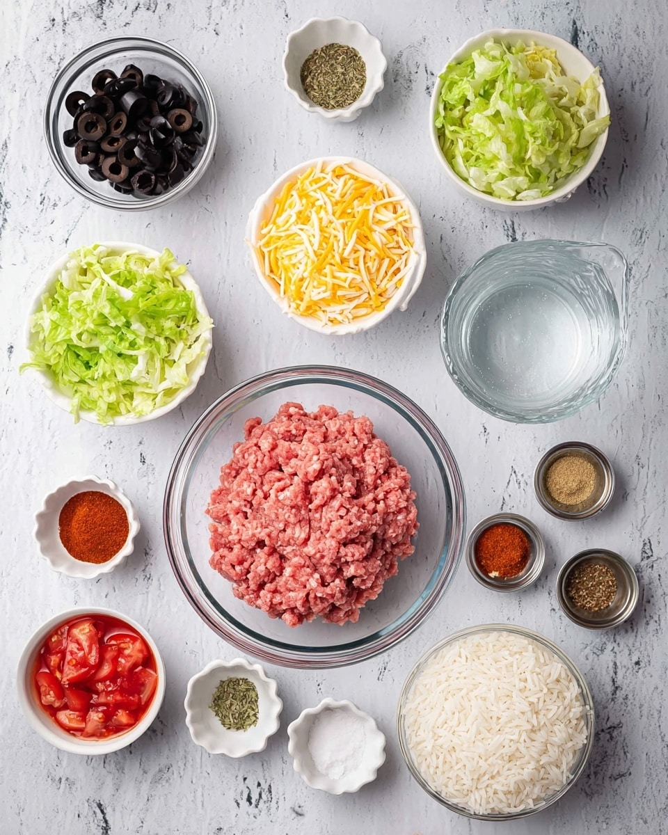 A top view shows an arrangement of ingredients on a white marbled surface. In the center is a clear glass bowl filled with pink ground meat. Surrounding it are small white bowls with shredded yellow and white cheese, chopped green lettuce, and diced red tomatoes in liquid. A small clear glass bowl holds sliced black olives. There are several small metal bowls containing various spices: red chili flakes, deep red powder, light tan powder, a green dried herb mix, and ground brown seasoning. Two small white scalloped dishes hold salt and black pepper. There is also a medium glass measuring cup with clear water and a white bowl with cooked white rice. All ingredients are spaced evenly and clearly visible. Photo taken with an iphone --ar 4:5 --v 7