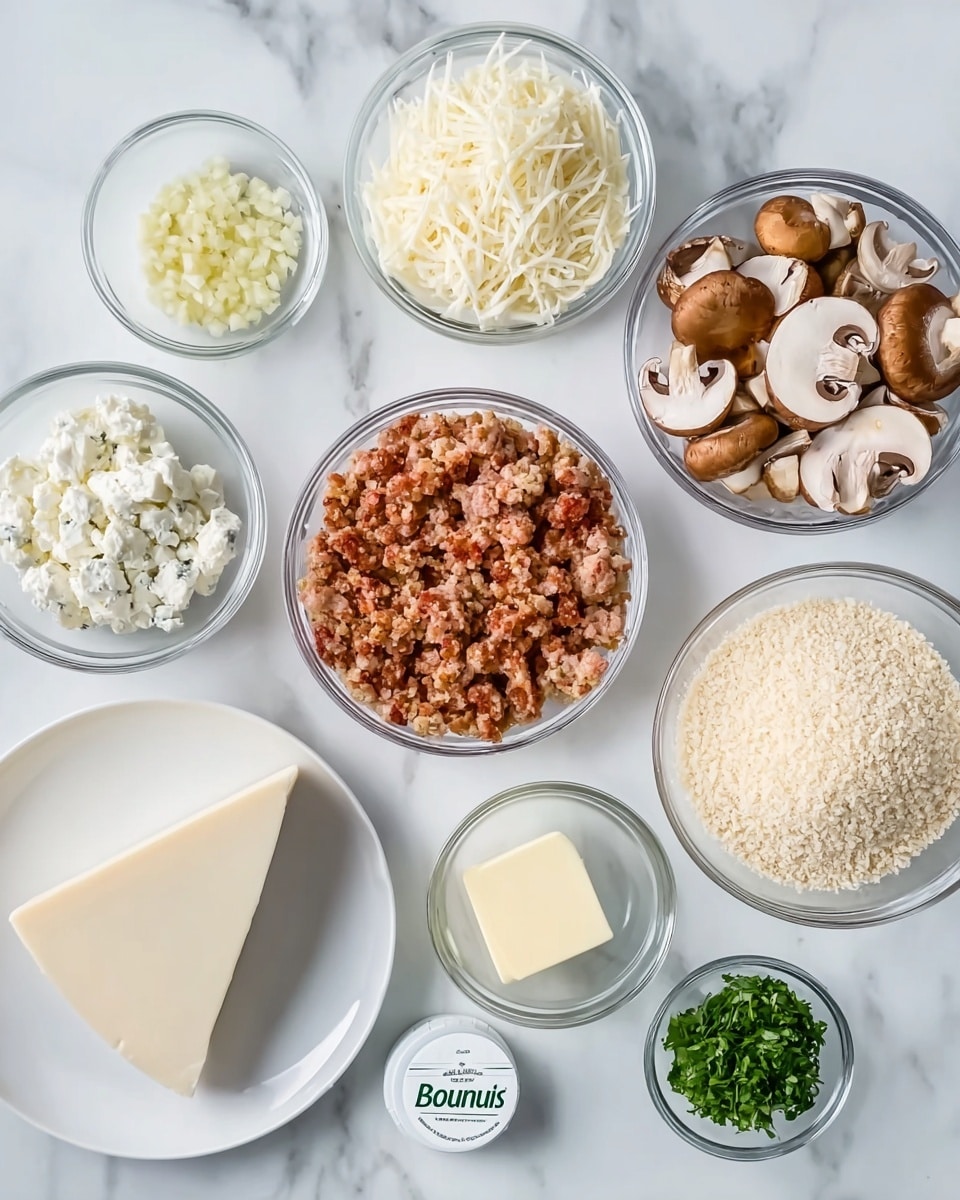 The image shows nine clear glass bowls and a white plate arranged neatly on a white marbled surface. Starting from the top left, there is a small bowl of finely chopped garlic, followed by a slightly larger bowl of shredded white cheese. On the top right, a large bowl is filled with whole and sliced brown mushrooms. At the bottom center is a medium bowl filled with raw ground sausage that has a reddish color. To its right is a bowl filled with light beige breadcrumbs. Below the garlic bowl is a small bowl with melted butter. Below the shredded cheese and Parmesan cheese is a small container of Boursin cheese and a small bowl with chopped fresh green herbs. On the leftmost side, a white plate holds a solid wedge of white cheese. Everything is clear, clean, and well organized. Photo taken with an iphone --ar 4:5 --v 7