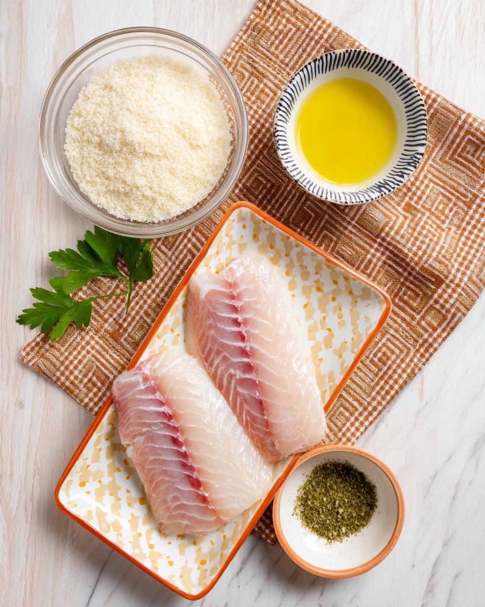 Two raw fish fillets with light pink and white stripes lie side by side on a white rectangular dish with a beige geometric pattern and an orange rim, placed on top of a brown and white cloth with a checkered design. To the top right of the dish is a small white bowl with dark blue stripes around the edge, filled with yellow liquid. Below that bowl is another small white bowl edged in orange, containing green dried herbs and a fresh green parsley leaf. To the left is a clear glass bowl full of fine white breadcrumbs resting on the same brown and white cloth, all set on a white marbled surface photo taken with an iphone --ar 4:5 --v 7