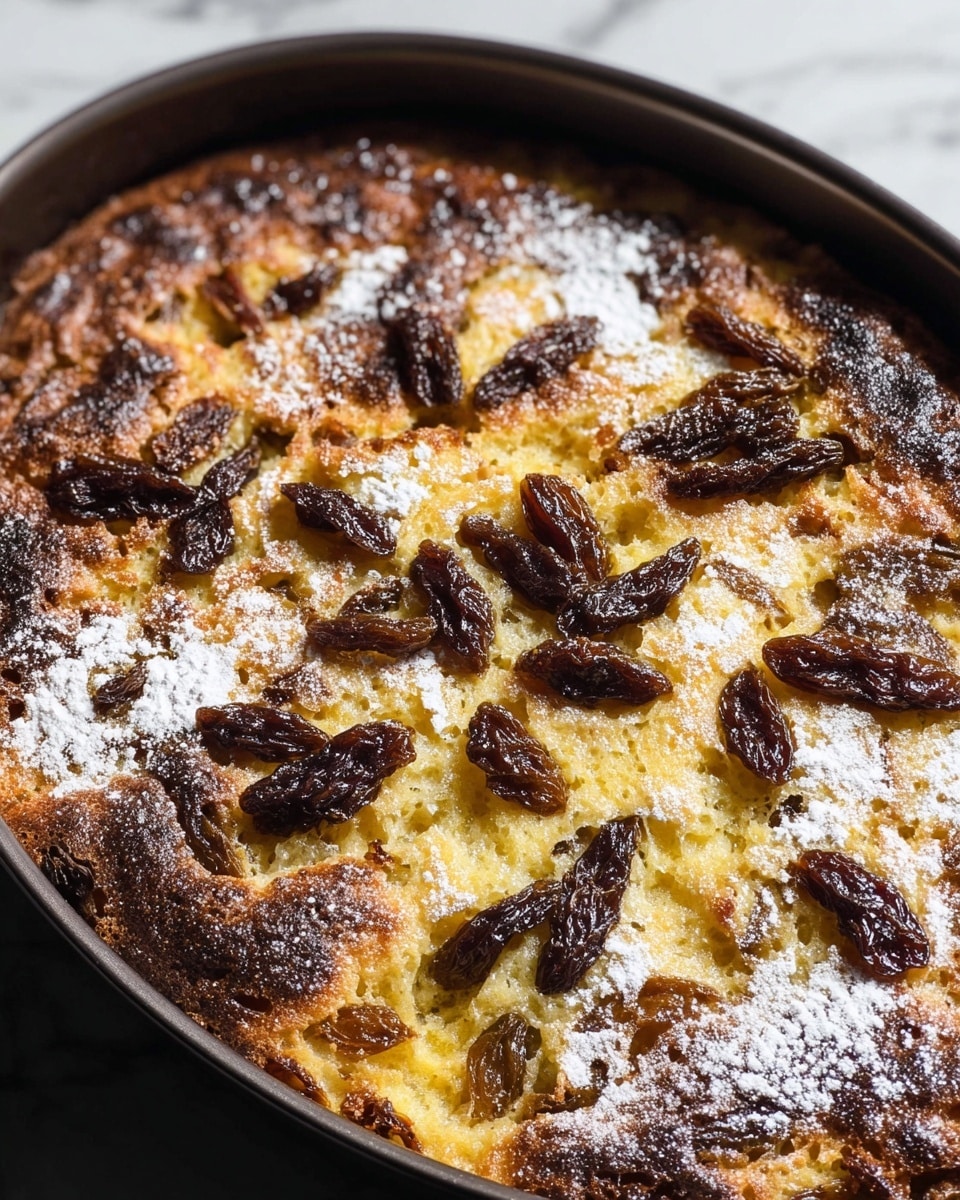 A baked dish in a dark pan with a golden brown crust on top, showing slightly burnt, darker edges and scattered light spots of white powdered sugar dusted evenly across the surface. There are wrinkled, dark brown raisins spread out on top, mostly clustered in the middle. The texture looks soft and slightly crispy around the edges with visible darker strips mixed into the golden base. The background is a white marbled surface. Photo taken with an iphone --ar 4:5 --v 7